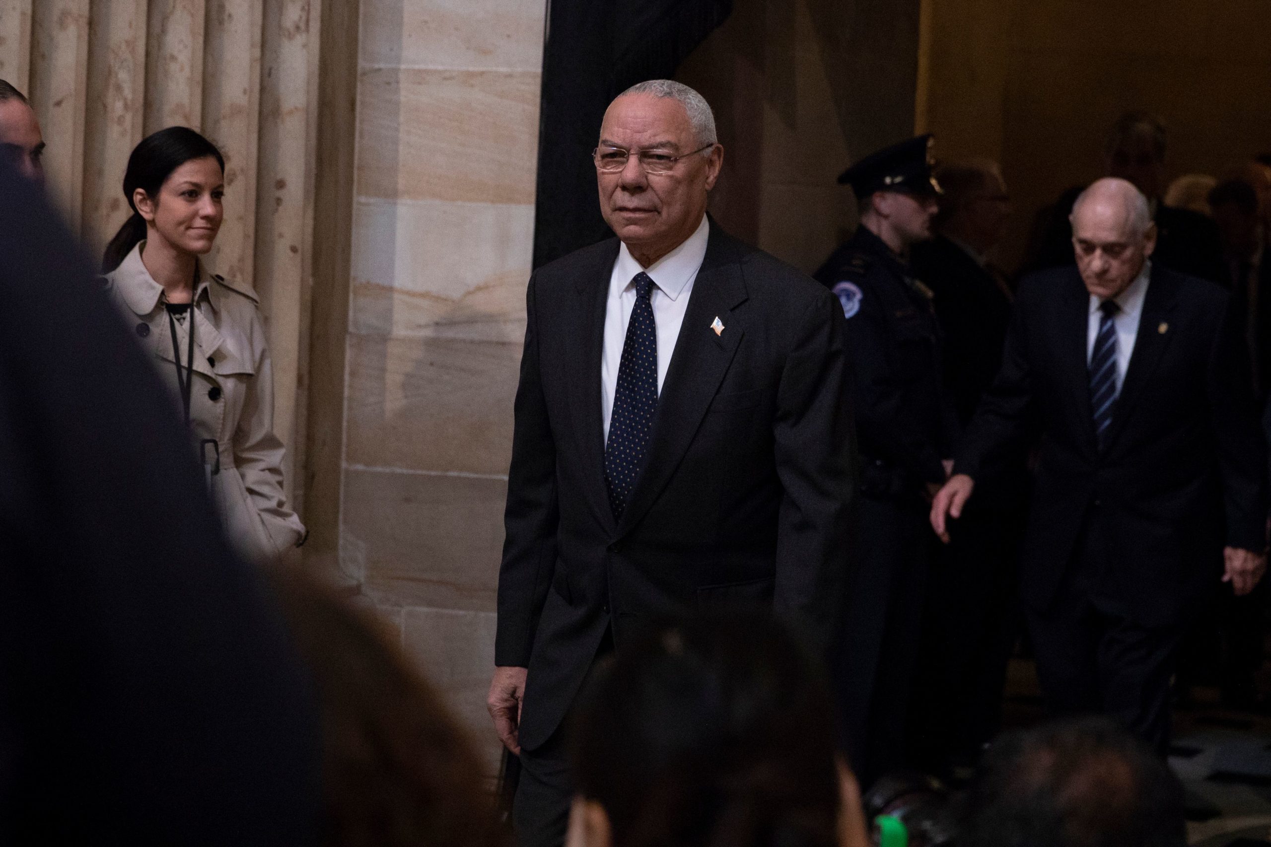 Former US Secretary of State Colin Powell arrives to pay his respects as the remains of former US President George H. W. Bush lie in state at the US Capitol rotunda December 4, 2018 in Washington, DC. - The body of the late former President George H.W. Bush travelled from Houston to Washington, where he will lie in state at the US Capitol through Wednesday morning. Bush, who died on November 30, will return to Houston for his funeral on Thursday. (ALEX EDELMAN/AFP via Getty Images)