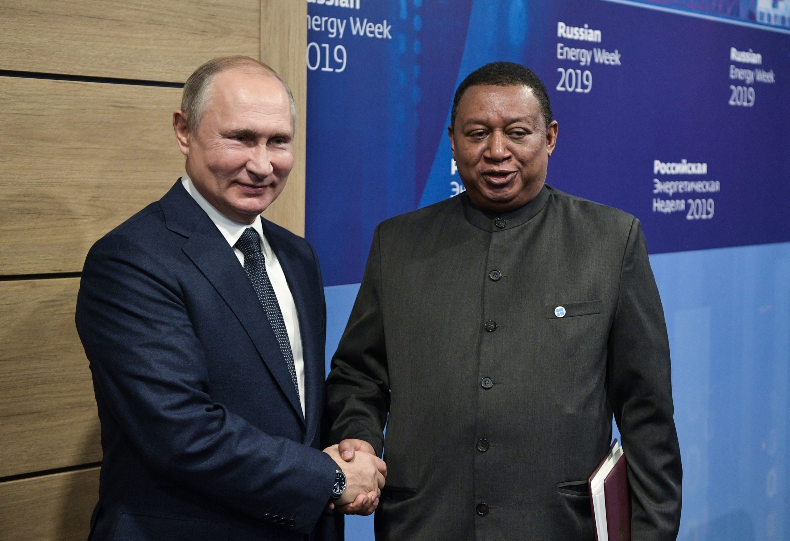 OPEC Secretary General Mohammed Barkindo shakes hands with Russian President Vladimir Putin during a 2019 meeting in Moscow. (Alexey Nikolsky/Sputnik/AFP via Getty Images)