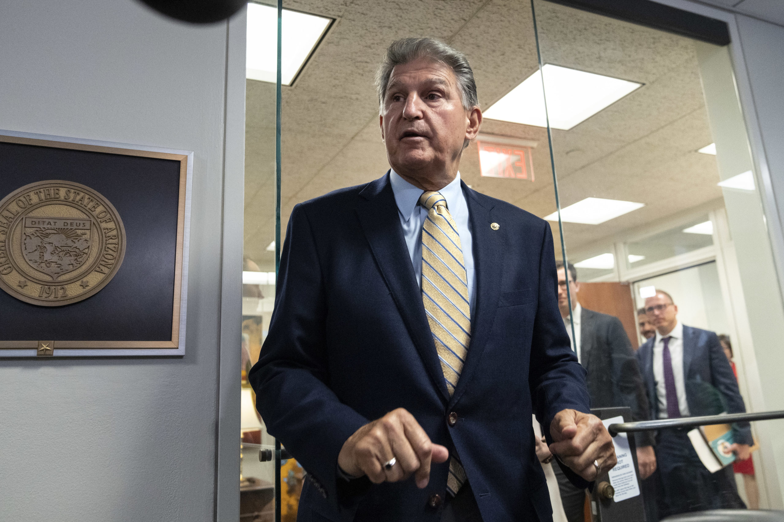 WASHINGTON, DC - JUNE 22: Sen. Joe Manchin (D-WV) leaves a meeting of bipartisan Senators in the office of Sen. Kyrsten Sinema (D-AZ) on Capitol Hill June 22, 2021 in Washington, DC. The Senate will hold a procedural vote on the For the People Act later on Tuesday, a voting rights bill championed by Democrats in Congress. (Photo by Drew Angerer/Getty Images)