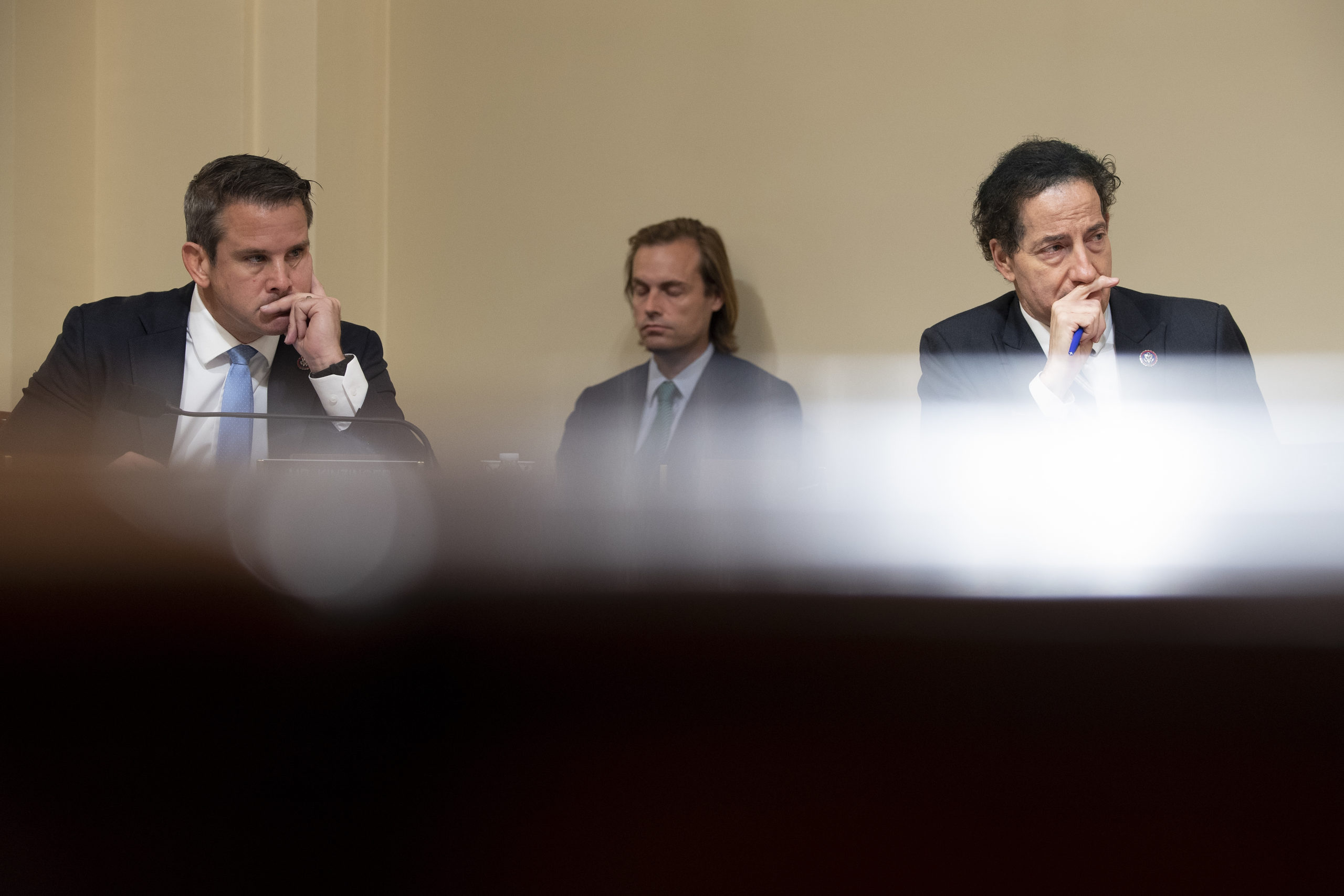 WASHINGTON, DC - JULY 27: Rep. Adam Kinzinger (R-IL) and Rep. Jamie Raskin (D-MD) listen during a hearing of the House select committee investigating the January 6 attack on the U.S. Capitol on July 27, 2021 at the Cannon House Office Building in Washington, DC. Members of law enforcement testified about the attack by supporters of former President Donald Trump on the U.S. Capitol. According to authorities, about 140 police officers were injured when they were trampled, had objects thrown at them, and sprayed with chemical irritants during the insurrection.(Photo by Brendan Smialowski-Pool/Getty Images)