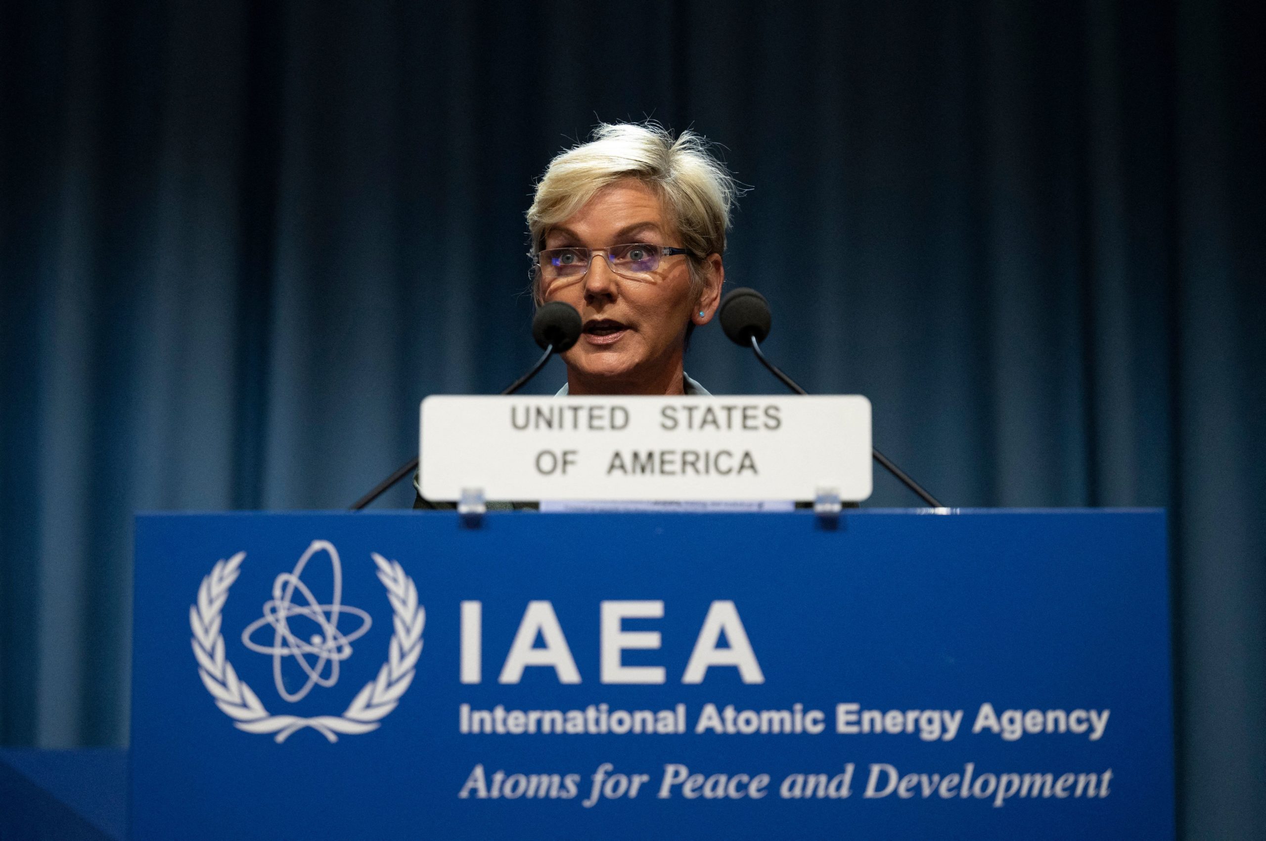 Secretary of Energy Jennifer Granholm speaks during the International Atomic Energy Agency General Conference on Sept. 20. (Joe Klamar/AFP via Getty Images)
