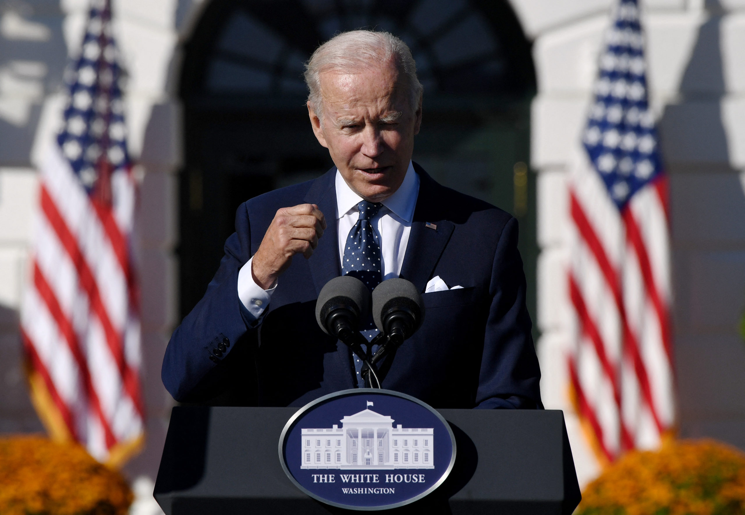 US President Joe Biden speaks during an event honoring the Council of Chief State School Officers' 2020 and 2021 State and National Teachers of the Year on the South Lawn of the White House in Washington, DC on October 18, 2021. (Photo by Olivier DOULIERY / AFP) (Photo by OLIVIER DOULIERY/AFP via Getty Images)