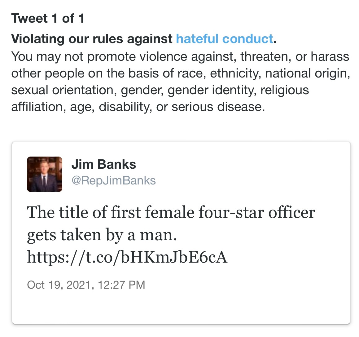 A screenshot of a now-locked tweet by Rep. Jim Banks calling Dr. Rachel Levine a man. (Screenshot/Twitter/Rep. Jim Banks)
