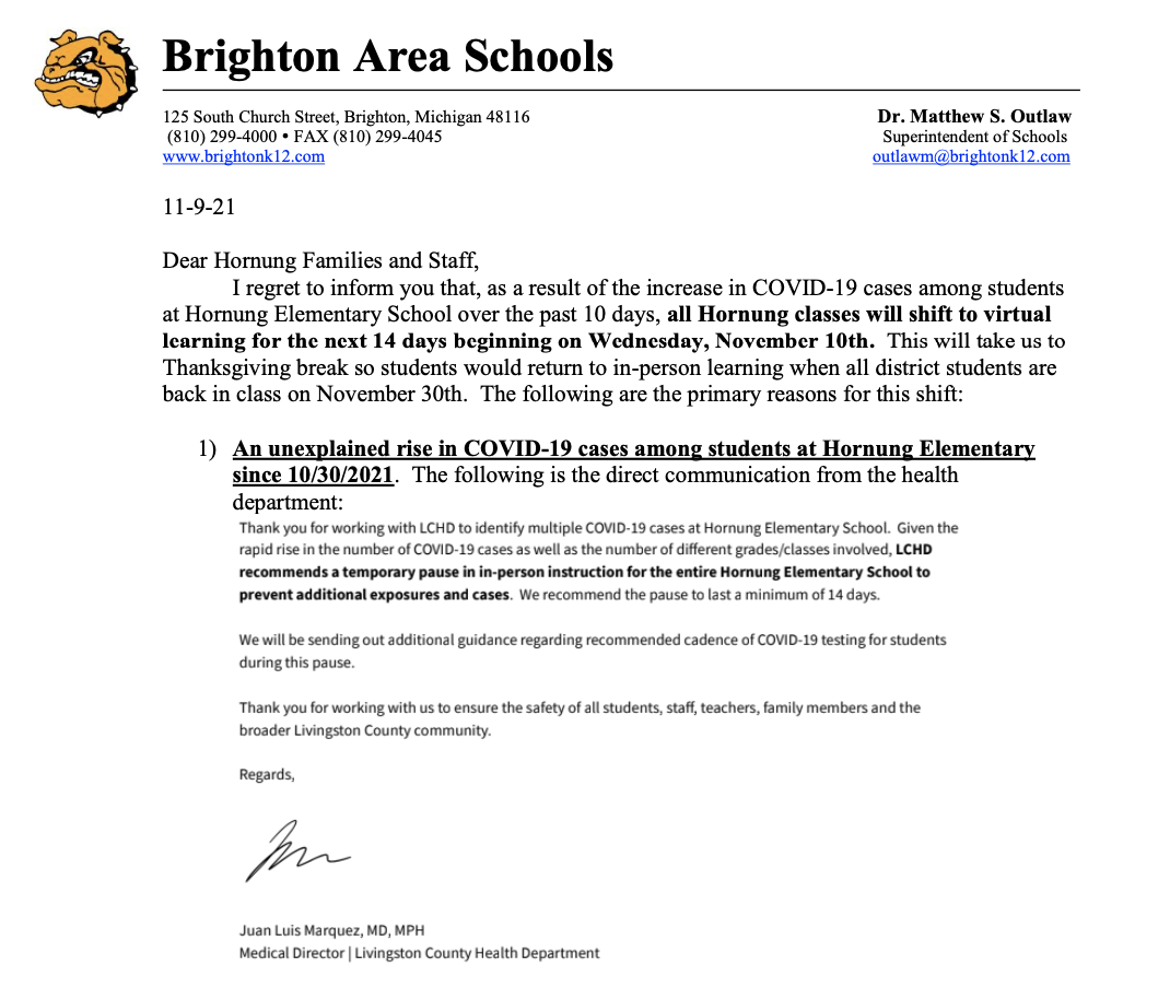 Screenshot/Email from Brighton Area Schools