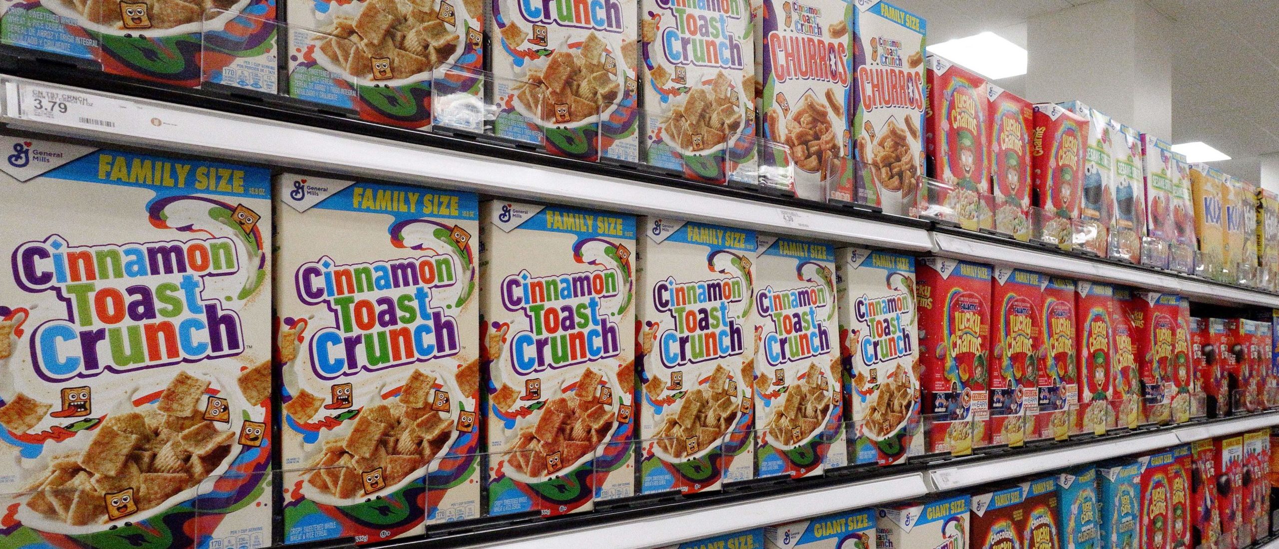 General Mills' Cinnamon Toast Crunch 18.8-ounce boxes are on display on a supermarket shelf on October 15, 2021, in Arlington, Virginia. (Photo by OLIVIER DOULIERY/AFP via Getty Images)