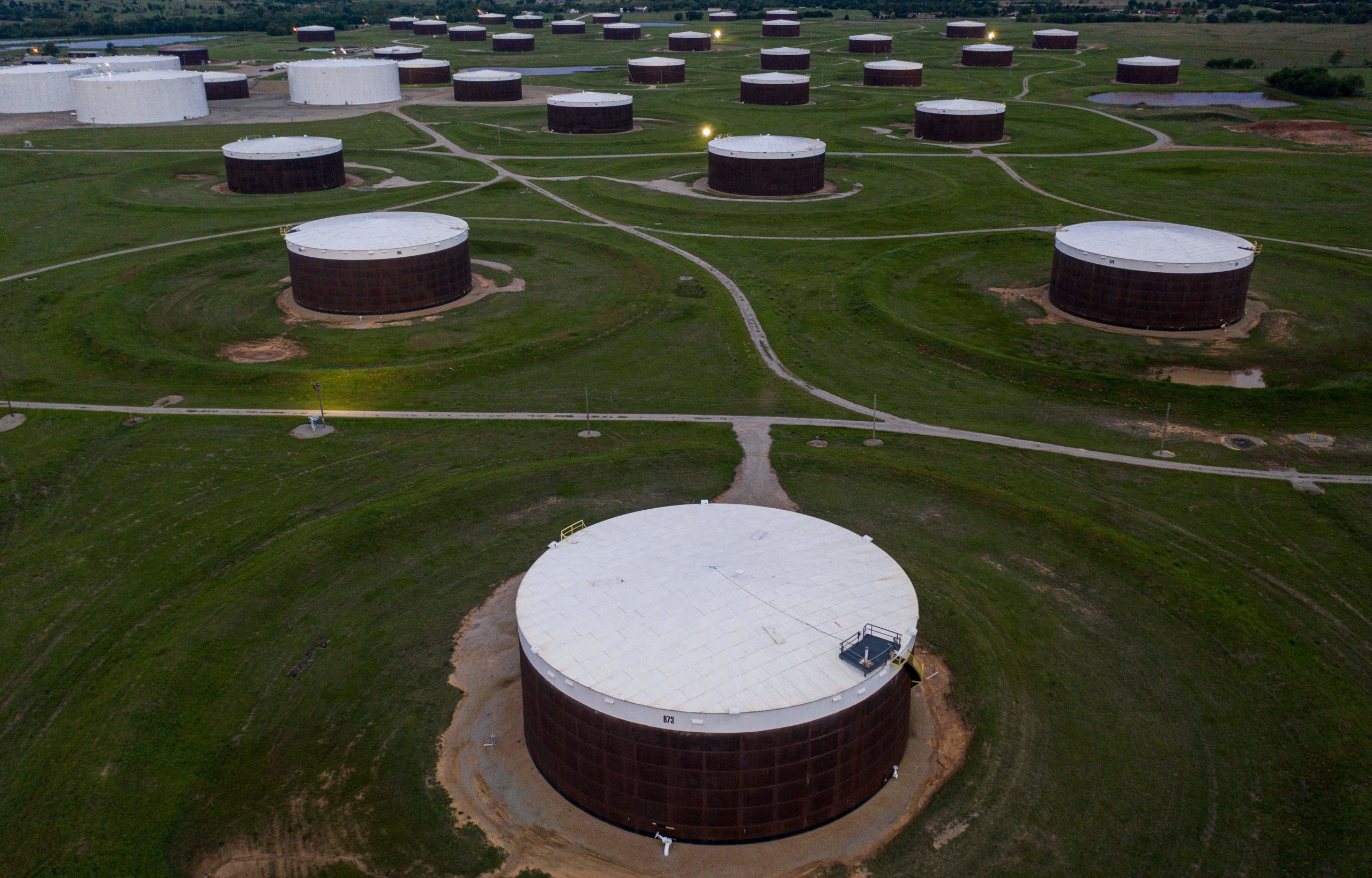 An aerial view of a crude oil storage facility is seen on May 5, 2020 in Cushing, Oklahoma. (Johannes Eisele/AFP via Getty Images)