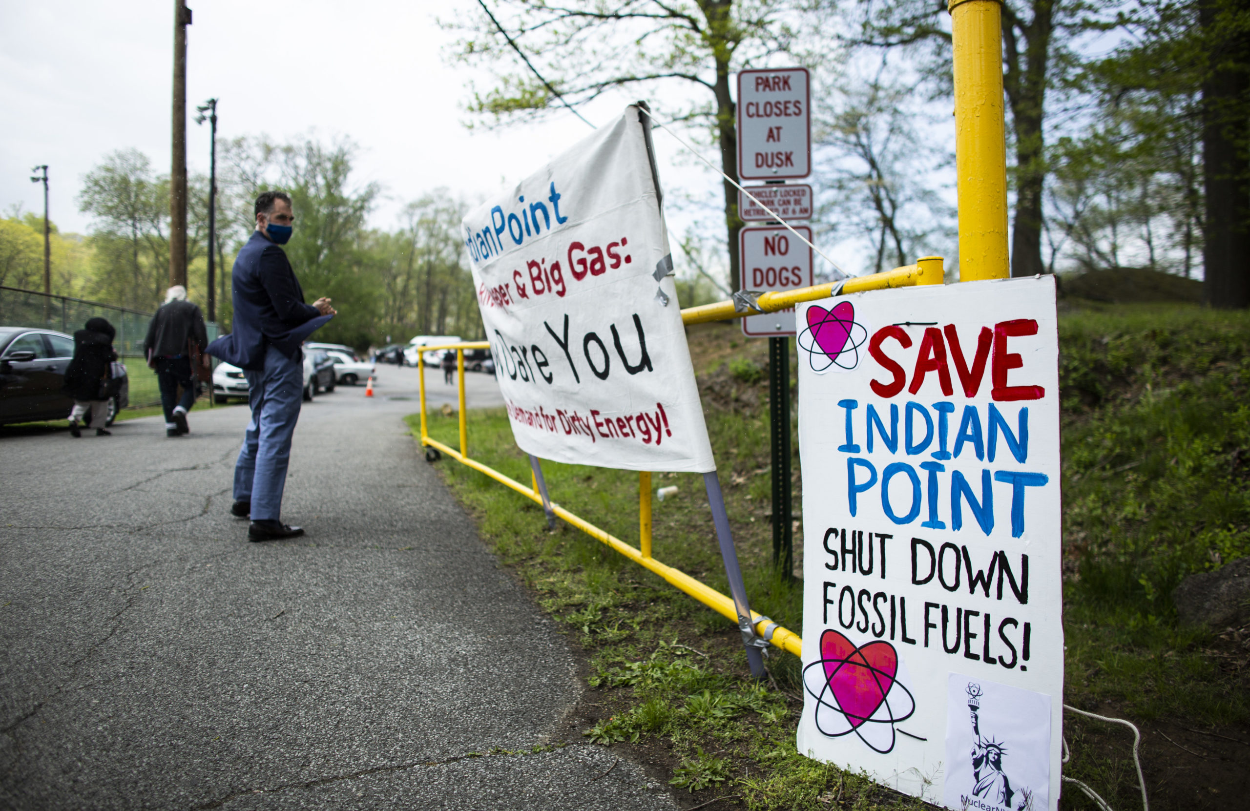 People leave after a ceremony to thank workers of the nuclear plant Indian Point on April 30 in Buchanan, New York. (Kena Betancur/Getty Images)
