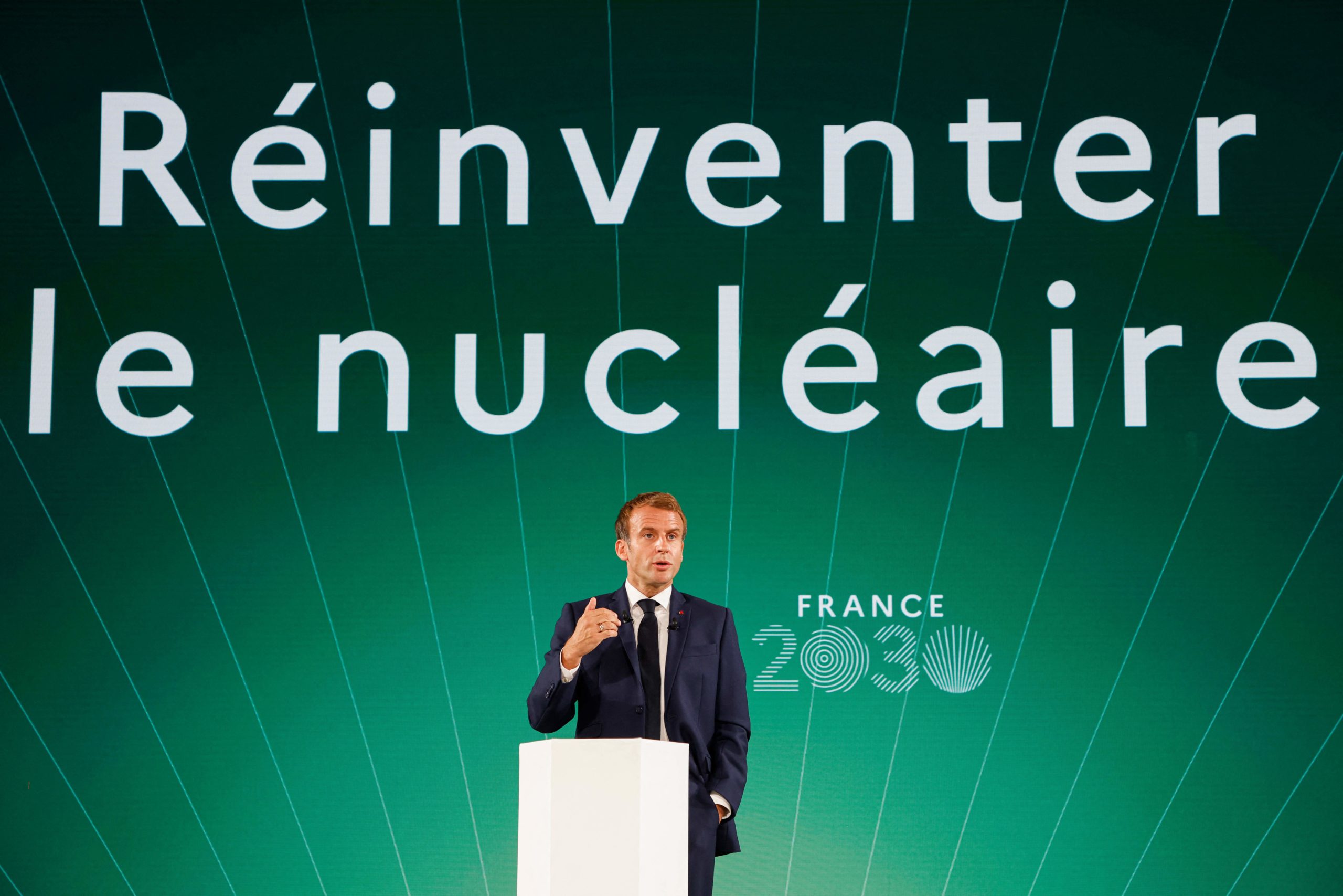 French President Emmanuel Macron speaks during a presentation of the "France 2030" investment plan in Paris, on Oct. 12. (Ludovic Marin/Pool/AFP via Getty Images)