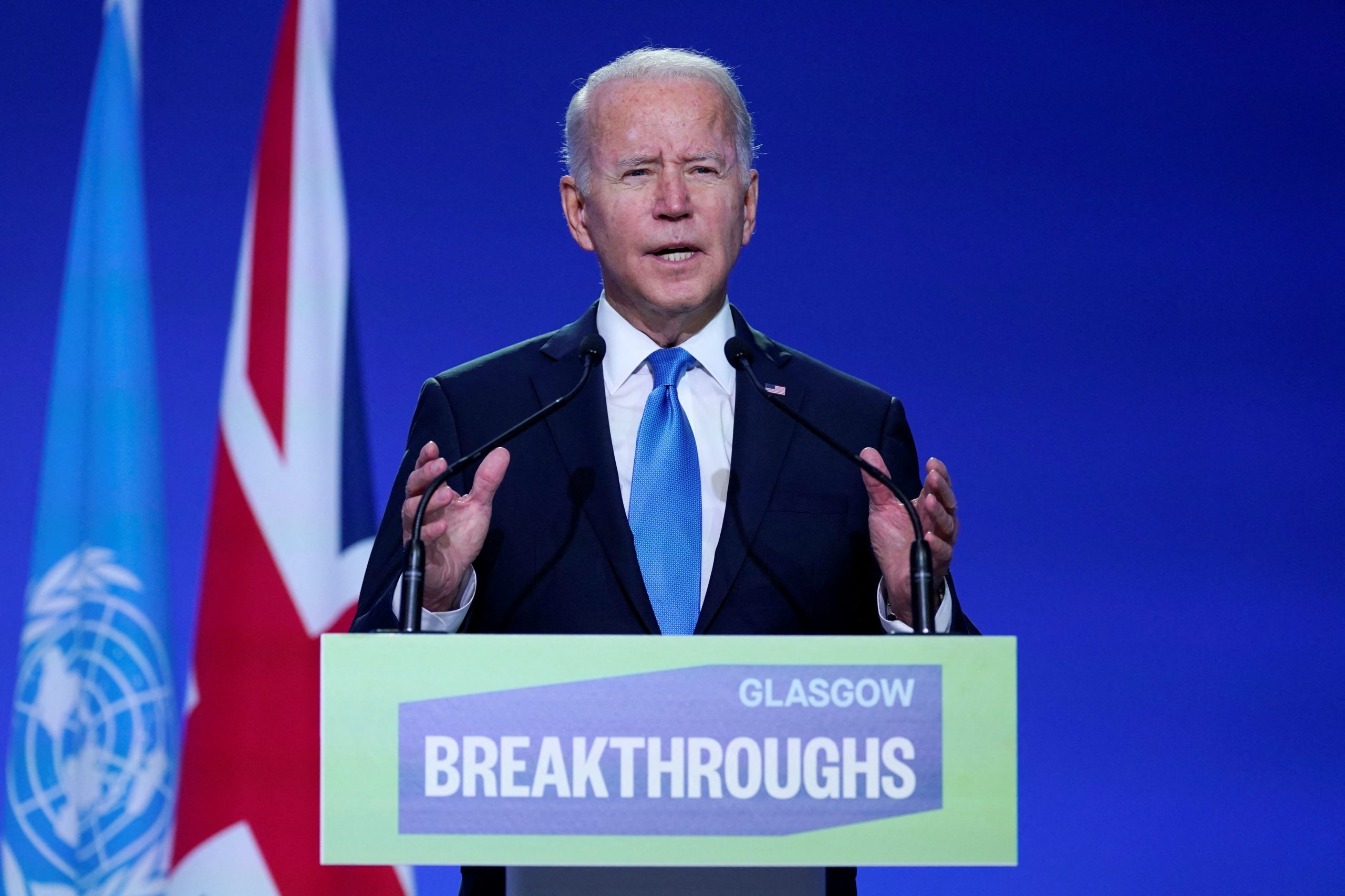 President Joe Biden delivers a speech at the UN Climate Change Conference in Glasgow, Scotland on Tuesday. (Evan Vucci/Pool/AFP via Getty Images)
