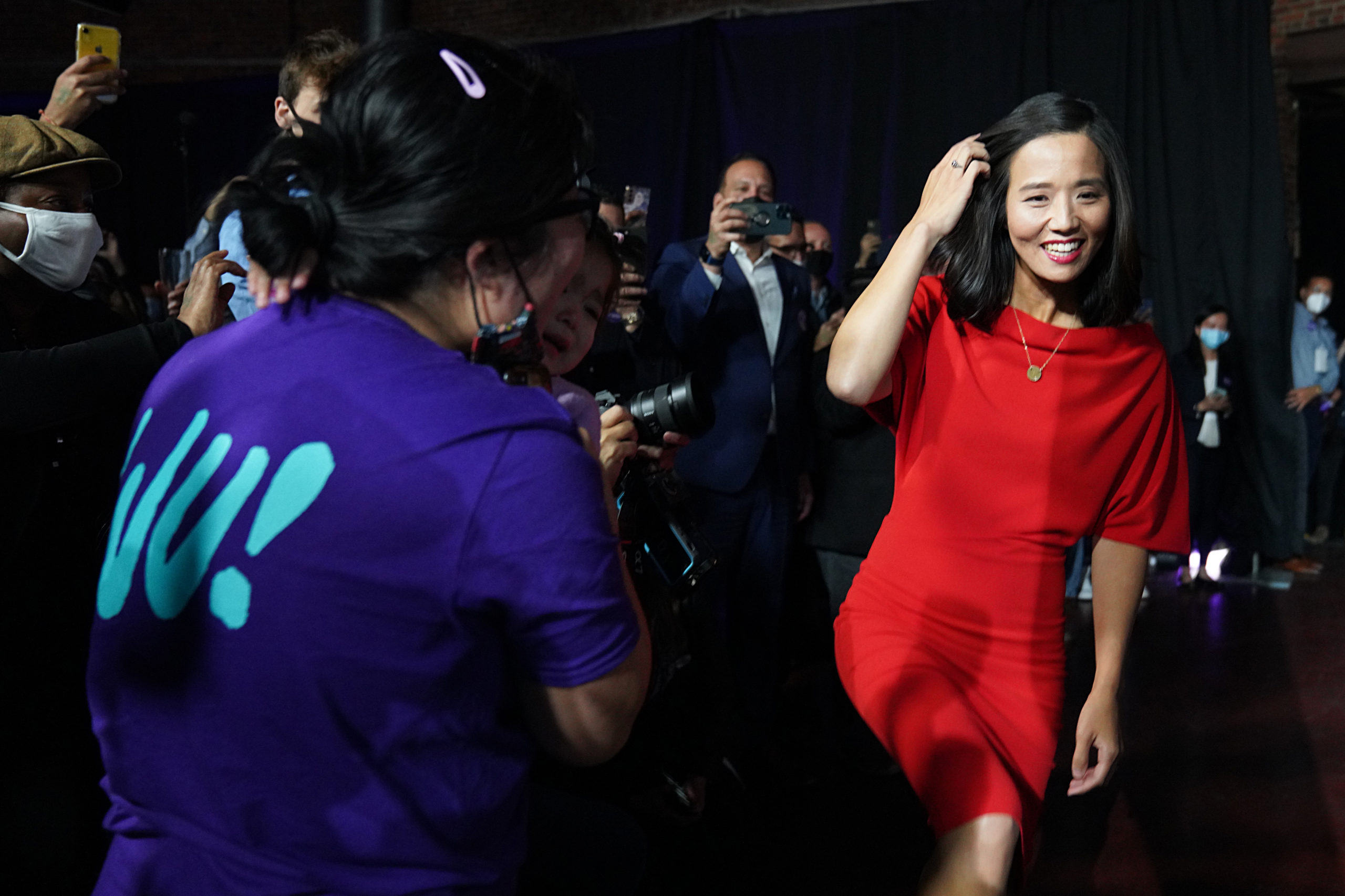 Michelle Wu greets supporters as she arrives at an election night event on Nov. 2 in Boston, Massachusetts. (Allison Dinner/Getty Images)