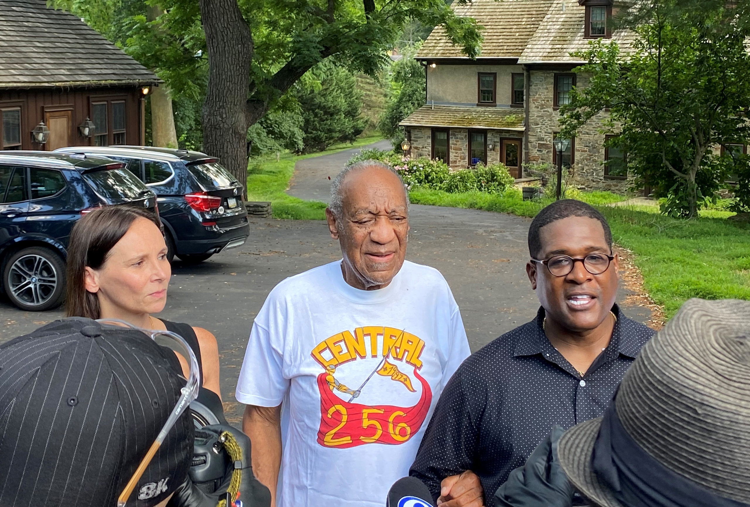 (L-R) Attorney Jennifer Bonjean, Bill Cosby, and spokesperson Andrew Wyatt speak outside of Bill Cosby's home on June 30, 2021 in Cheltenham, Pennsylvania. Bill Cosby was released from prison after court overturns his sex assault conviction. (Photo by Michael Abbott/Getty Images)
