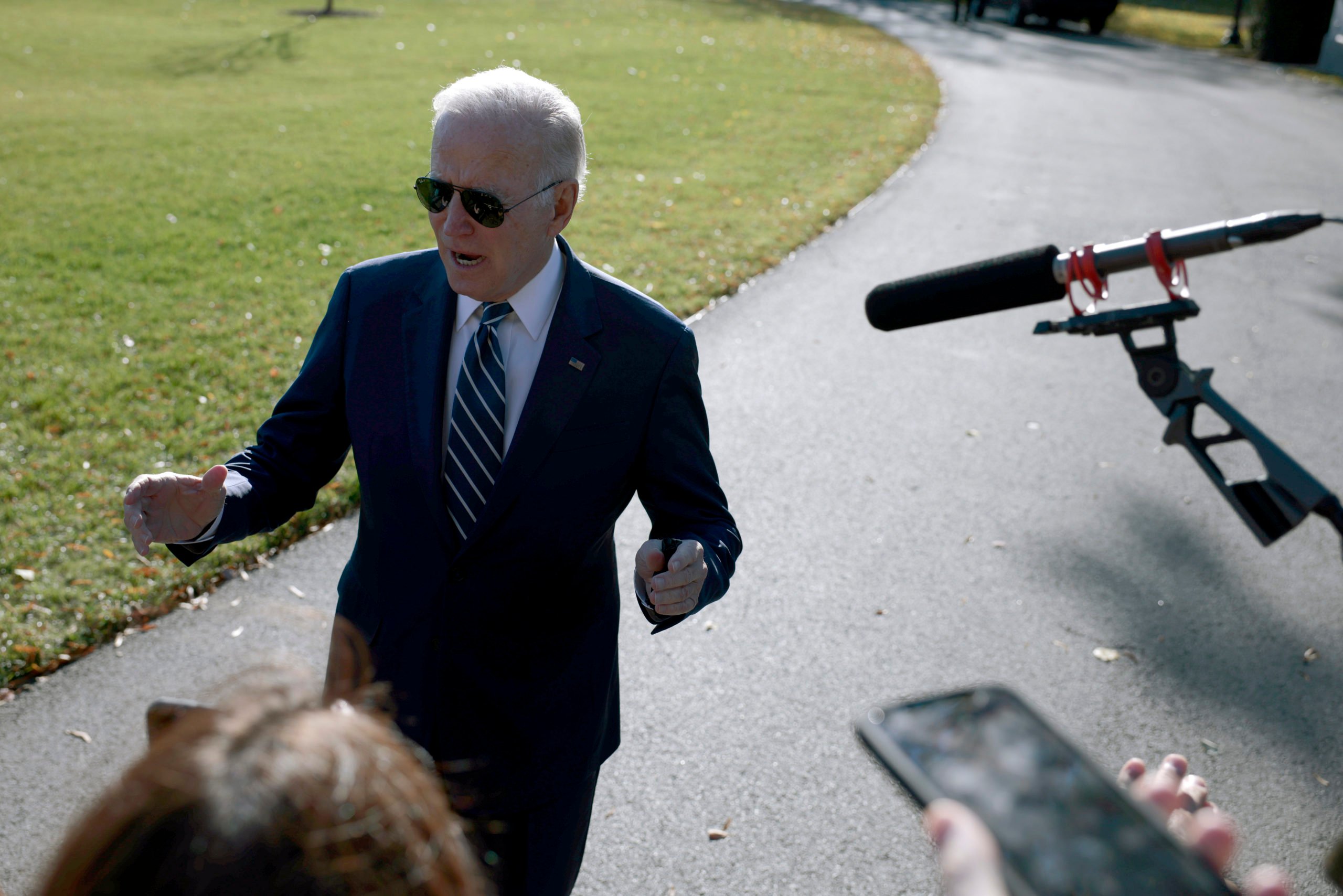 WASHINGTON, DC - NOVEMBER 19: U.S. President Joe Biden speaks to reporters after returning to the White House from Walter Reed Medical Center on November 19, 2021 in Washington, DC. Biden went to Walter Reed for a colonoscopy and medical check up . (Photo by Anna Moneymaker/Getty Images)