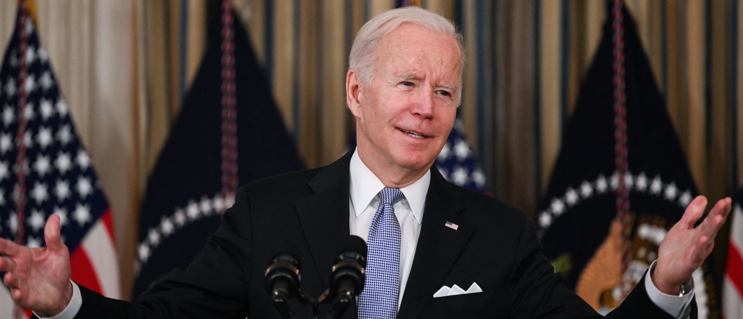 US President Joe Biden delivers remarks on the passage of the Bipartisan Infrastructure Deal and the rule that will allow the passage of the Build Back Better Act in the State Dining Room at the White House in Washington, DC on November 6, 2021. (Photo by ROBERTO SCHMIDT/AFP via Getty Images)