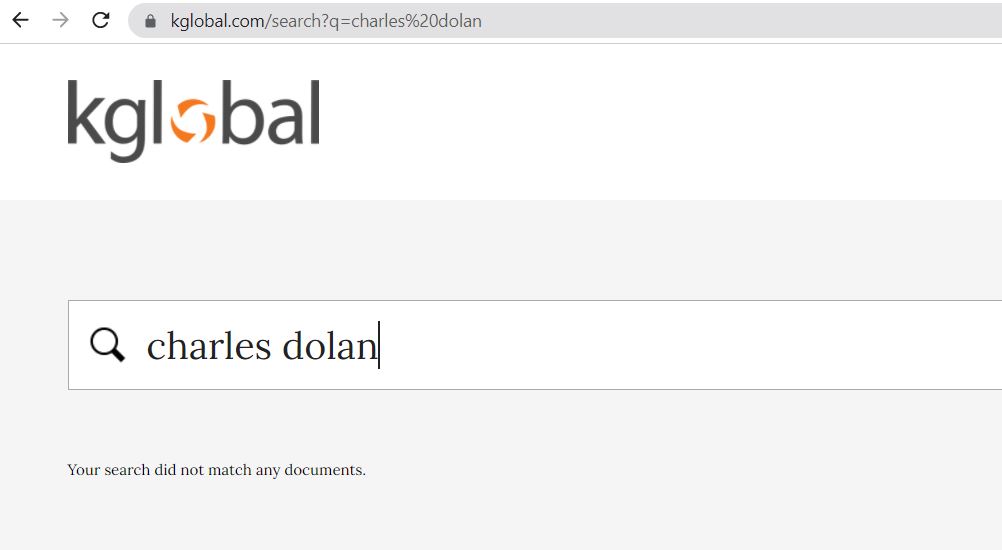Search results on kglobal's website for Charles Dolan. (Screenshot/kglobal/Daily Caller News Foundation)