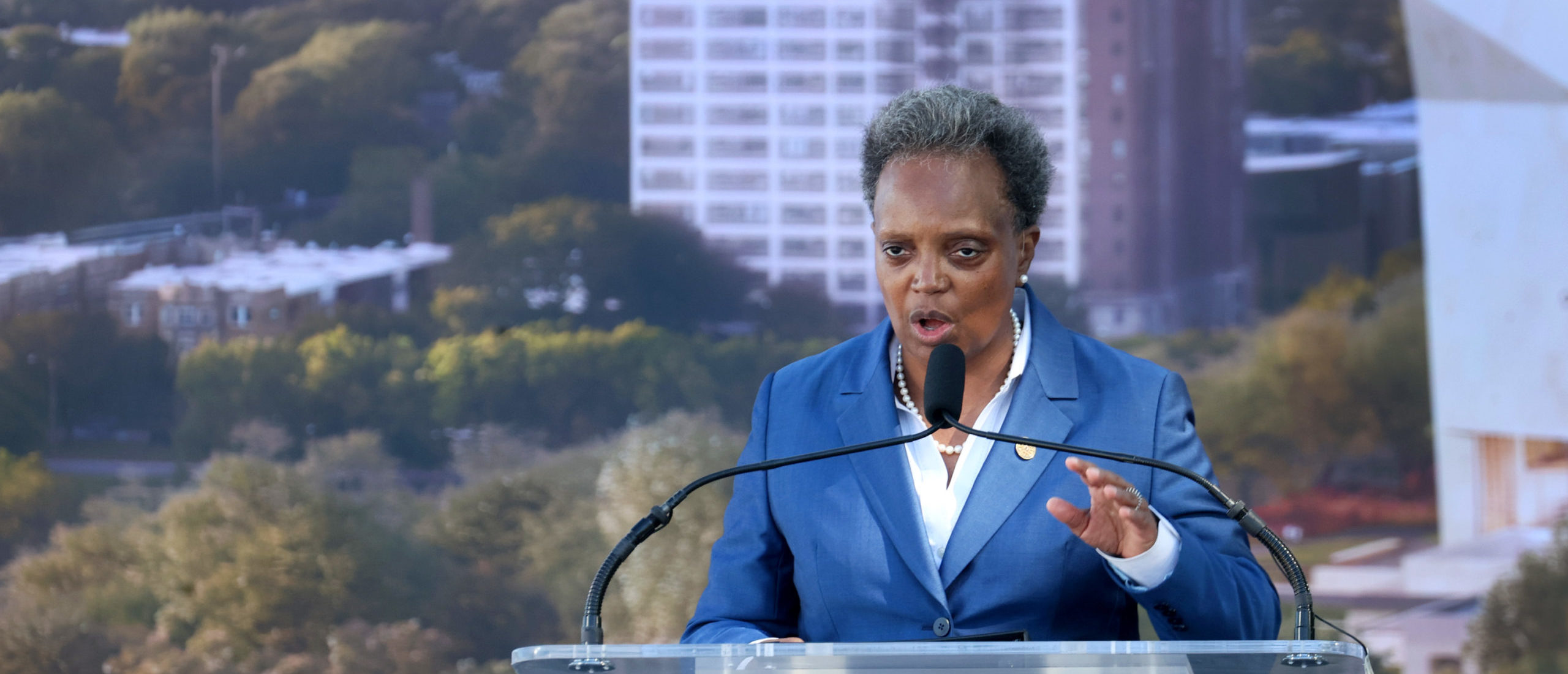 Chicago mayor Lori Lightfoot speaks during a ceremonial groundbreaking at the Obama Presidential Center in Jackson Park on September 28, 2021 in Chicago, Illinois. (Photo by Scott Olson/Getty Images)