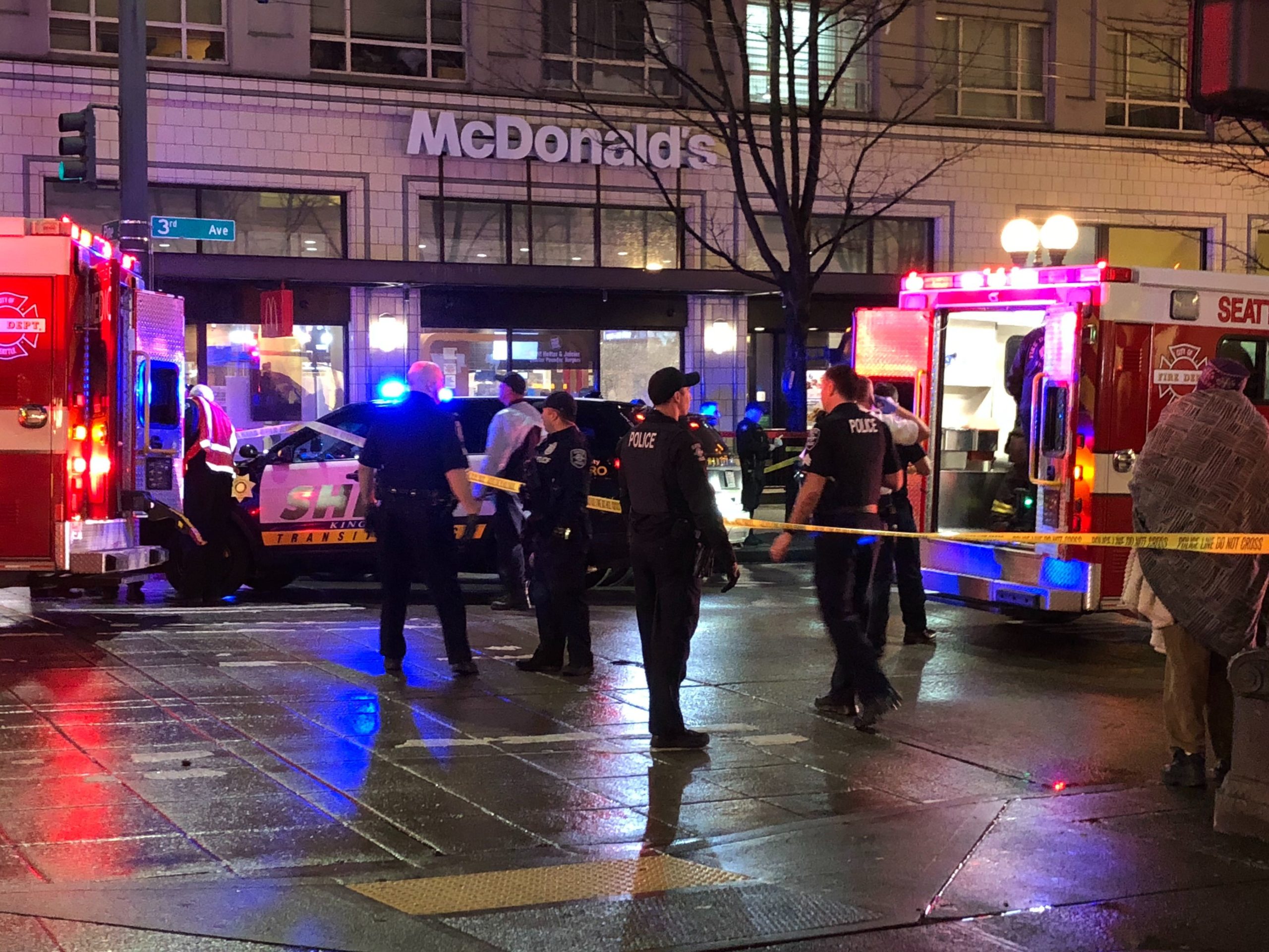SEATTLE, WA - JANUARY 22: Police cordon off the site of a shooting in downtown on January 22, 2020 in Seattle, Washington. As many as seven people have been reportedly injured and police are still searching for the suspect. (Photo by Chris Porter/Getty Images)