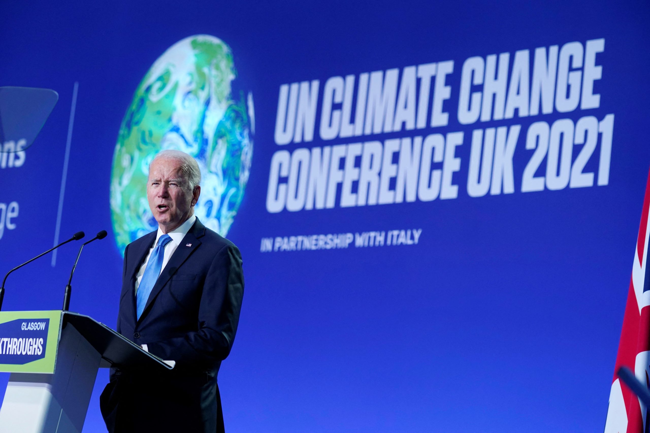 President Joe Biden delivers a speech at COP26 in Glasgow, Scotland, on Nov. 2. (Evan Vucci/Pool/AFP via Getty Images)