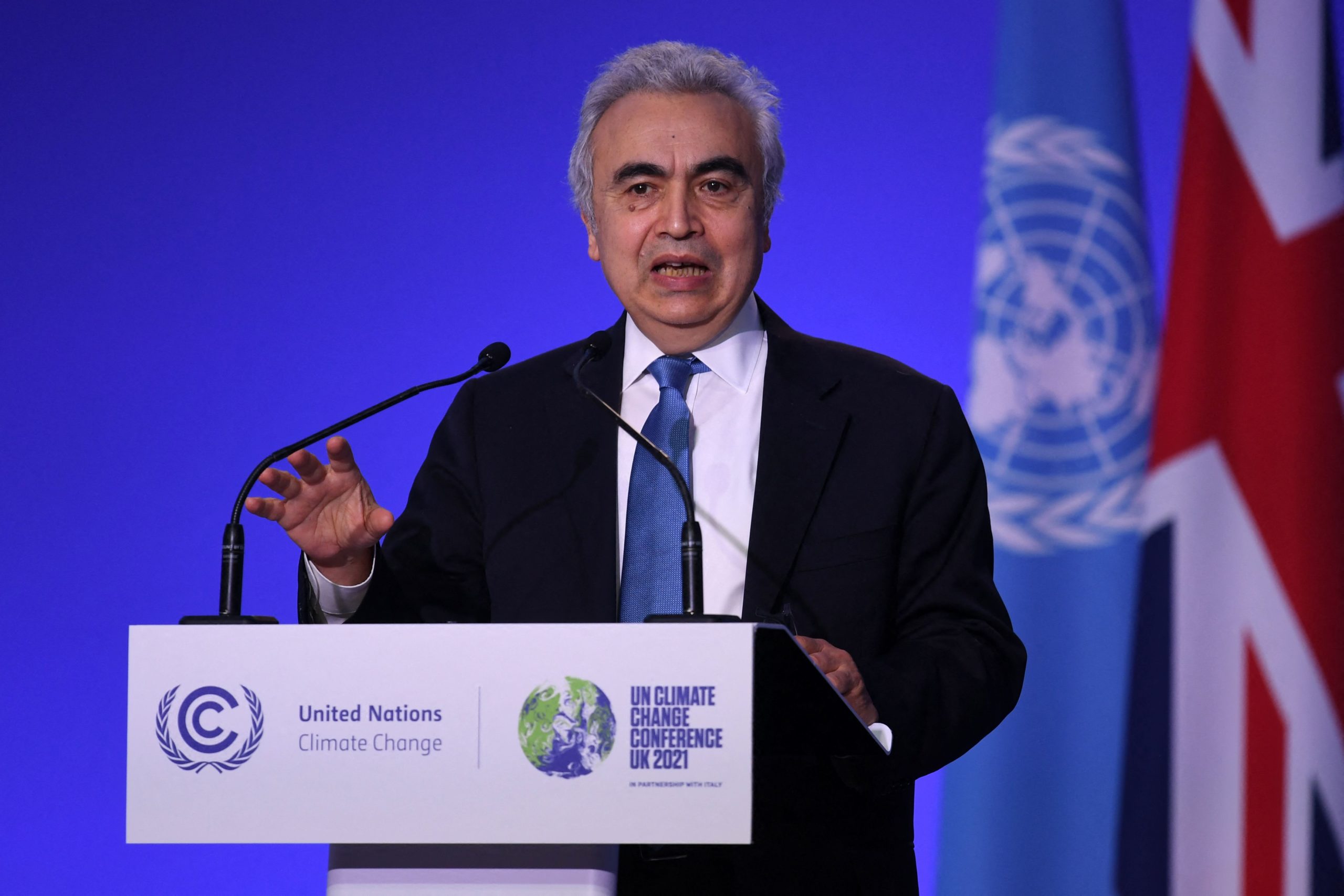International Energy Agency Executive Director Fatih Birol addresses the COP26 climate summit in Glasgow on Nov. 4. (Daniel Leal/AFP via Getty Images)