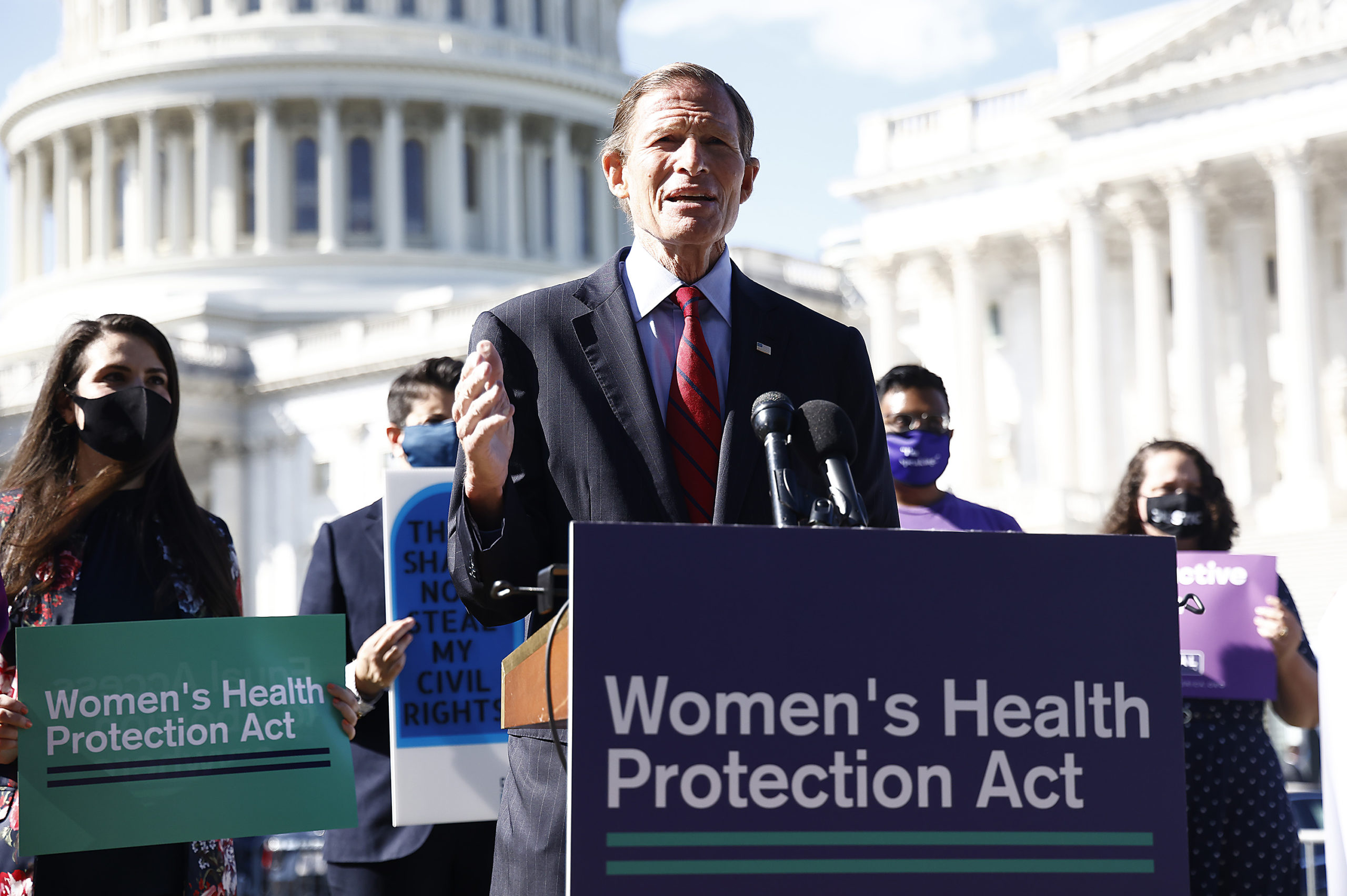 Senator Richard Blumenthal (D-CT) speaks at an event on behalf of the over 400,000 people who signed petitions of support from UltraViolet, NARAL, MoveOn, MomsRising, Catholics for Choice and National Council of Jewish Women to urge the Senate to protect abortion rights at an event outside of the U.S Capitol Building on September 29, 2021 in Washington, DC. (Photo by Paul Morigi/Getty Images for MoveOn)