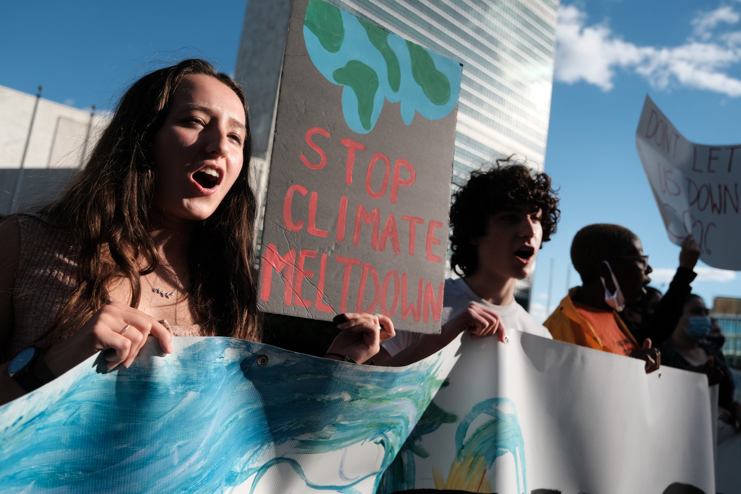 Climate activists protest in front of the United Nations building in New York City on Oct. 1. (Spencer Platt/Getty Images)