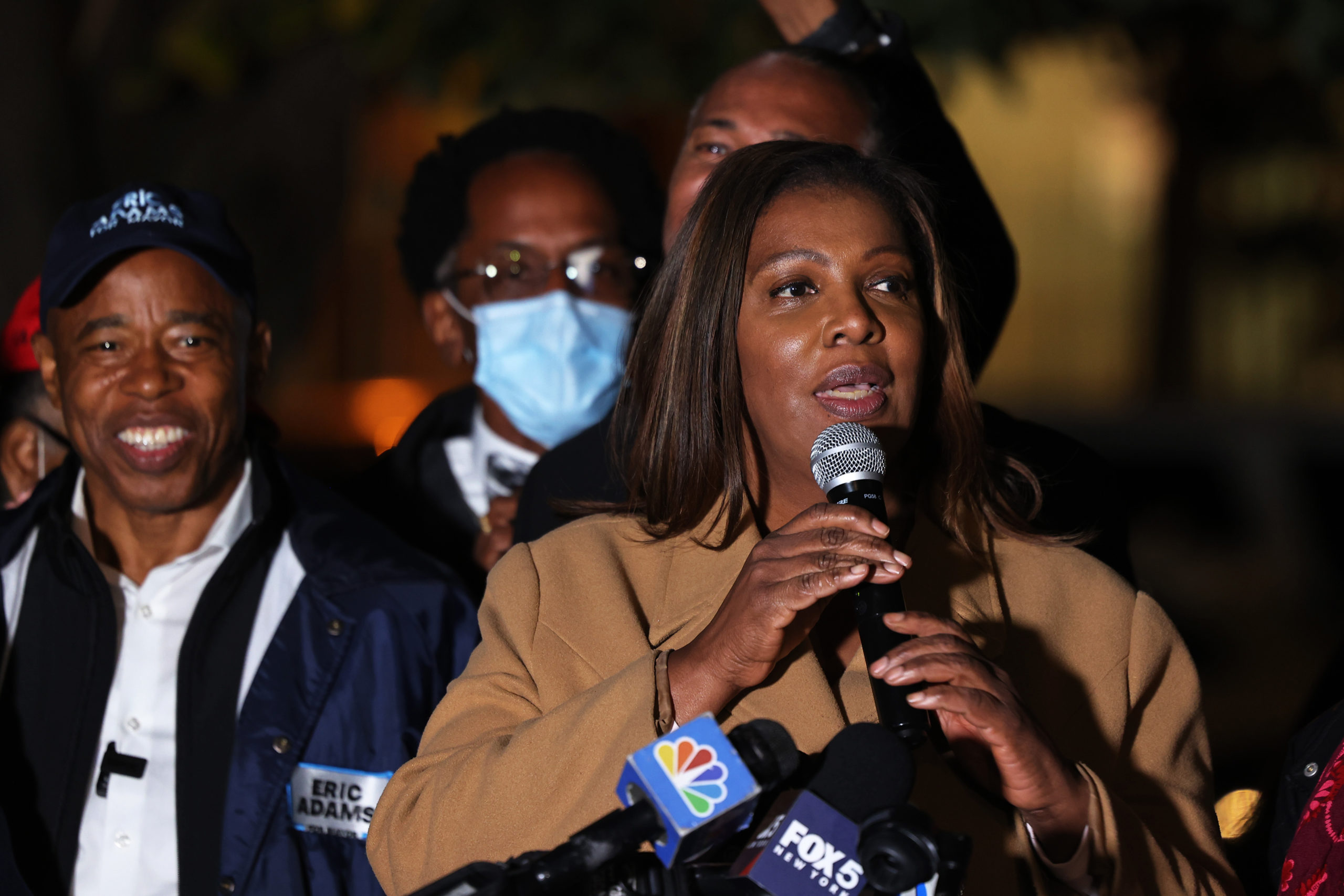NEW YORK, NEW YORK - NOVEMBER 01: State Attorney General and gubernatorial candidate Letitia James speaks during a Get Out the Vote rally at A. Philip Randolph Square in Harlem on November 01, 2021 in New York City. Adams, state Attorney General and gubernatorial candidate Letitia James, Lt. Gov. Brian Benjamin, district attorney candidate Alvin Bragg and other party candidates along with district and community leaders attended the rally. (Photo by Michael M. Santiago/Getty Images)
