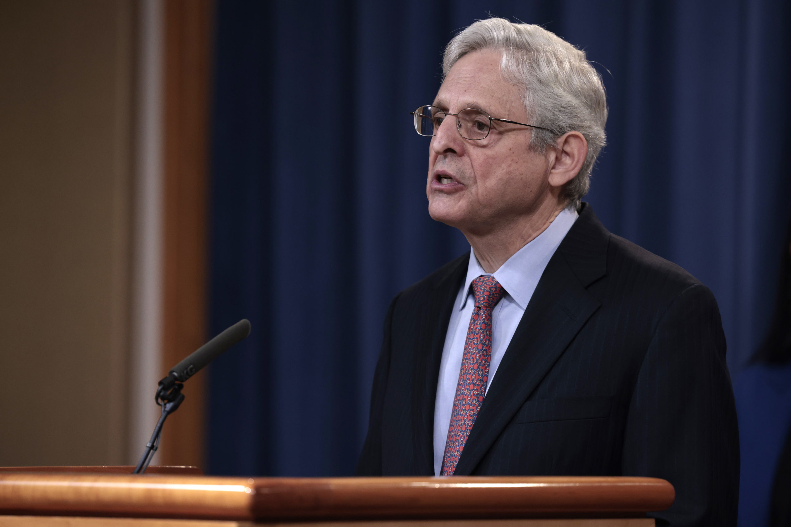 WASHINGTON, DC - DECEMBER 06: Attorney General Merrick B. Garland speaks at a press conference at the Department of Justice on December 06, 2021 in Washington, DC. Garland and Associate Attorney General Vanita Gupta held the press conference to announce that the Justice department was suing Texas over their recent redistricting which the department says violates the Voting Rights Act. (Photo by Anna Moneymaker/Getty Images)