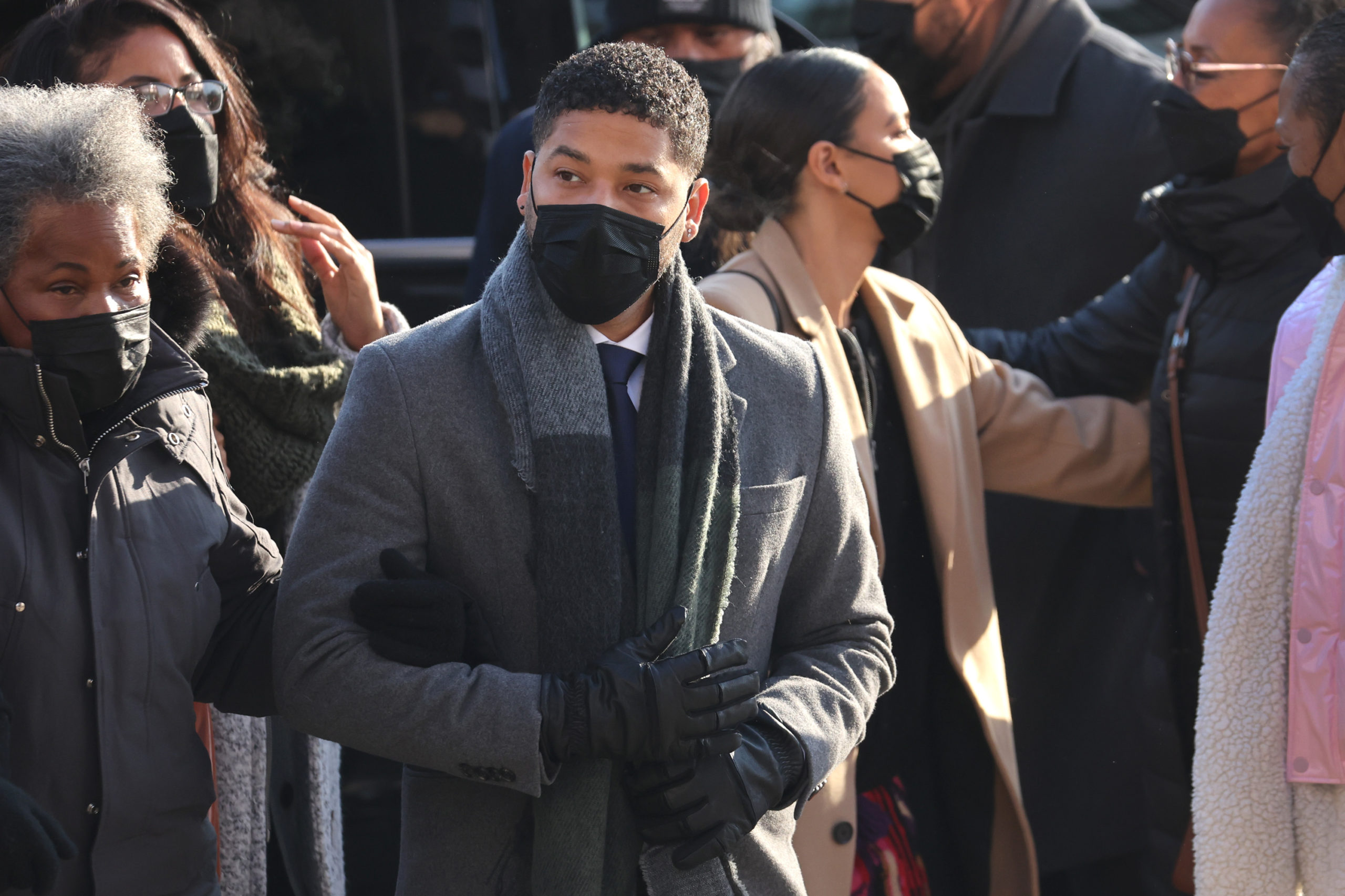 CHICAGO, ILLINOIS - DECEMBER 08: Former "Empire" actor Jussie Smollett arrives at the Leighton Criminal Courts Building for day seven of his trial on December 8, 2021 in Chicago, Illinois. Smollett is accused of lying to police when he reported that two masked men physically attacked him, yelling racist and anti-gay remarks near his Chicago home in 2019. (Photo by Scott Olson/Getty Images)