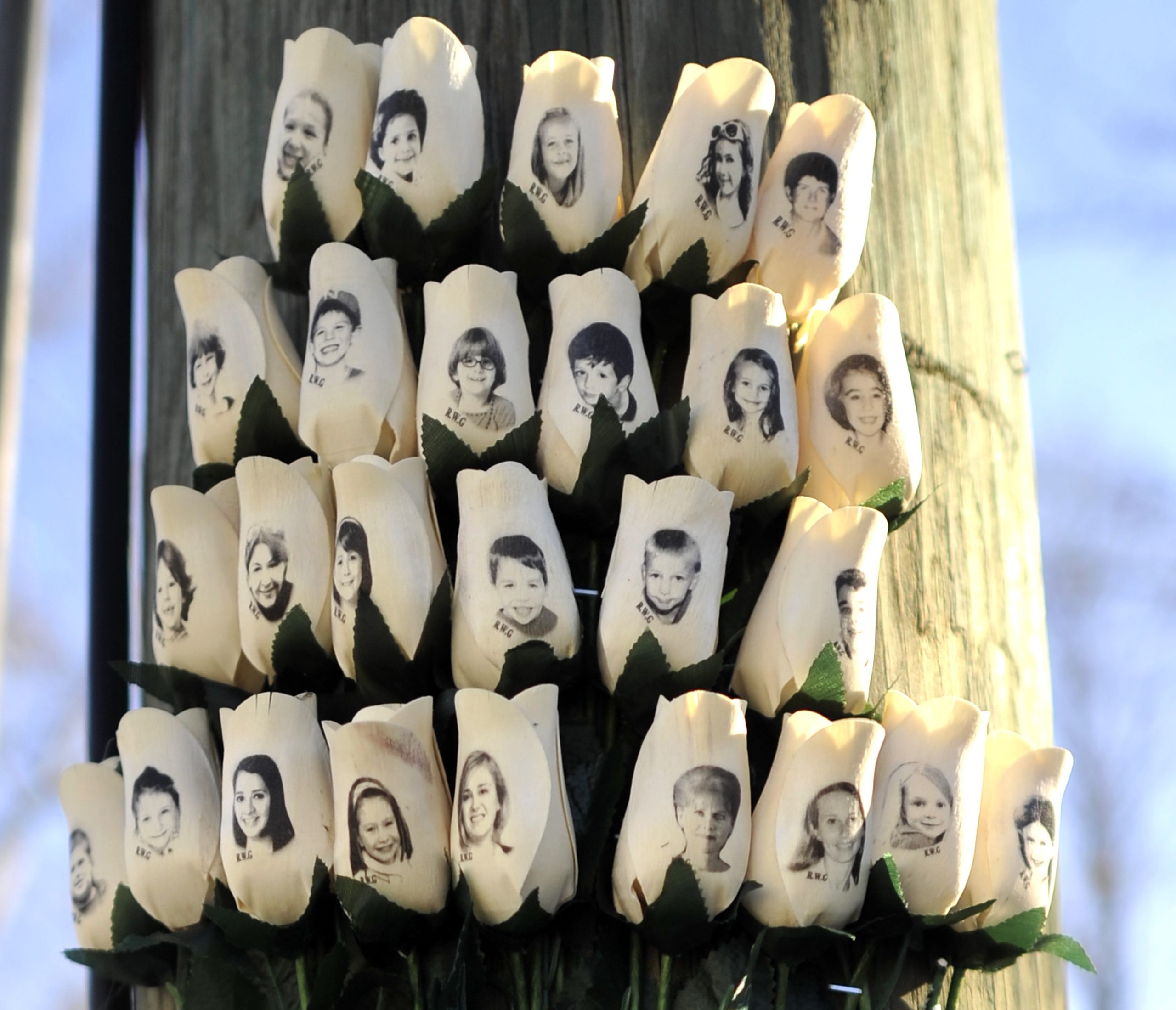 Roses with the faces of the Sandy Hook Elementry students and adults killed are seen on a pole in Newtown, Connecticut on January 3, 2013. Students at the elementary school where a gunman massacred 26 children and teachers last month were returning Thursday to classes at an alternative campus described by police as "the safest school in America." Survivors were finally to start their new academic year in the nearby town of Monroe, where a disused middle school has been converted and renamed from its original Chalk Hill to Sandy Hook. AFP PHOTO / TIMOTHY A. CLARY (Photo by Timothy A. CLARY / AFP) (Photo by TIMOTHY A. CLARY/AFP via Getty Images)