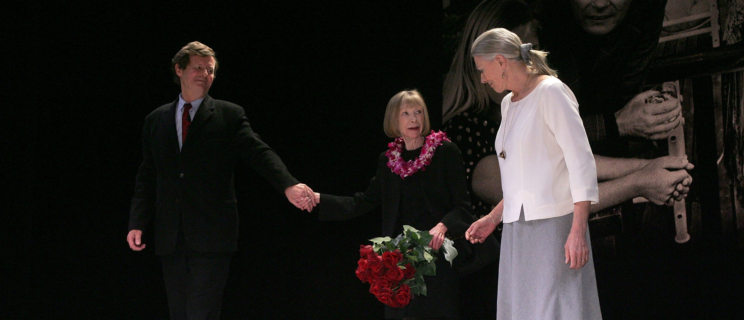 NEW YORK - MARCH 29: Director David Hare, writer Joan Didion and actress Vanessa Redgrave take stage during curtain call for the opening night of "The Year Of Magical Thinking" at Booth theater on March 29, 2007 in New York City. (Photo by Bryan Bedder/Getty Images)