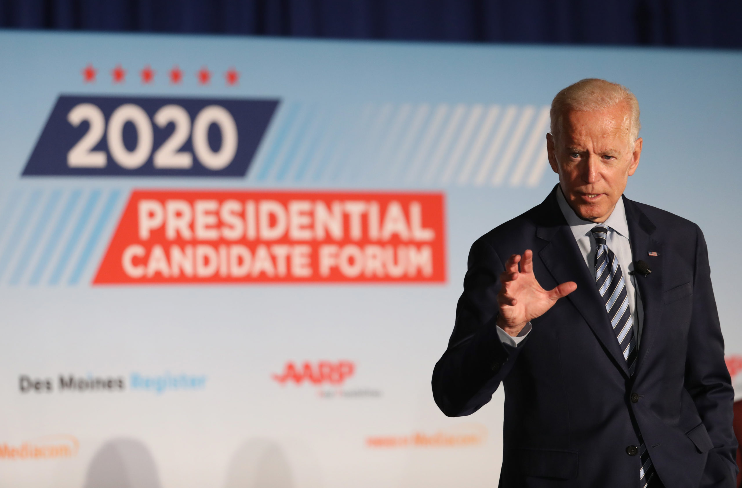 Democratic presidential candidate former U.S. Vice President Joe Biden speaks during the AARP and The Des Moines Register Iowa Presidential Candidate Forum at Drake University on July 15, 2019 in Des Moines, Iowa. (Photo by Justin Sullivan/Getty Images)