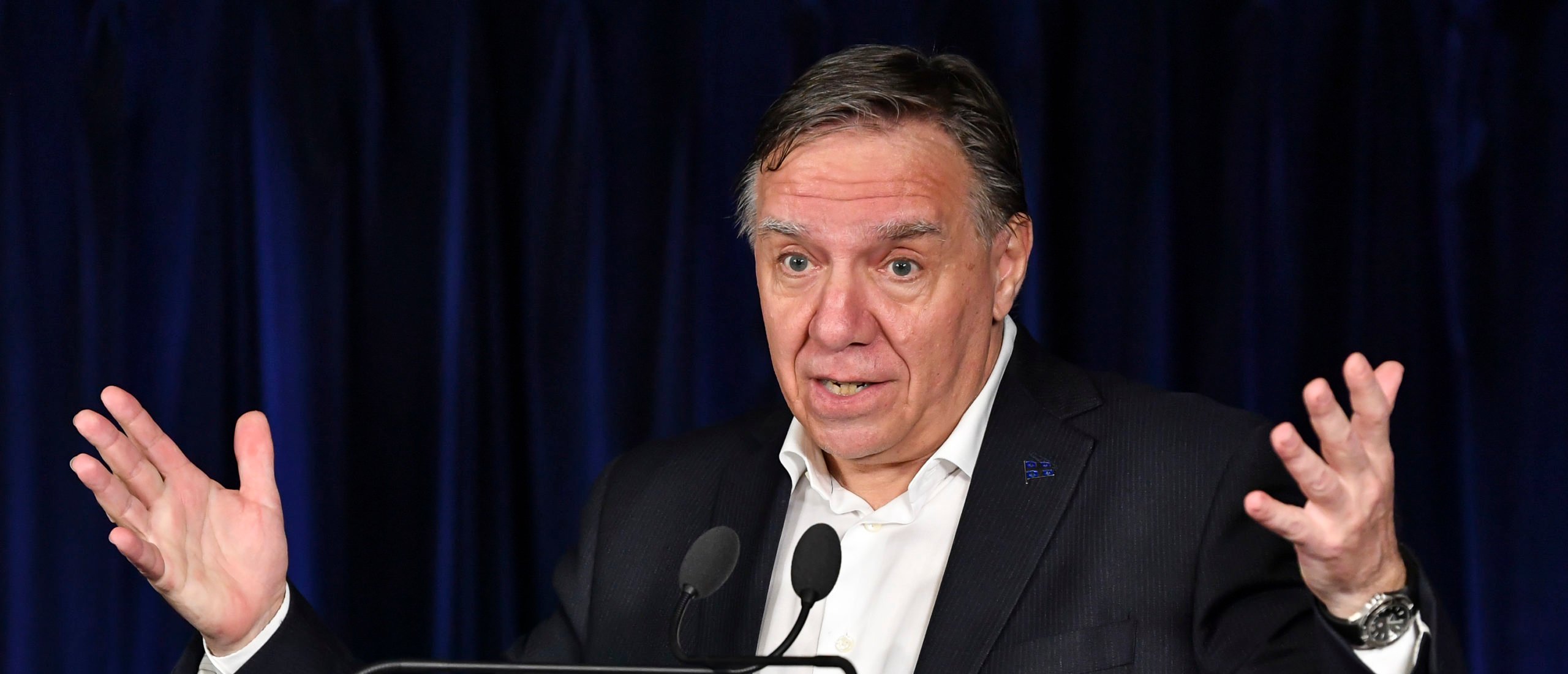 The Premier of Quebec François Legault, announces a plan to develop the game of hockey within the province of Quebec and to increase the number of Quebec born players in the NHL, prior to the game between the Montreal Canadiens and the Pittsburgh Penguins at Centre Bell on November 18, 2021 in Montreal, Canada.