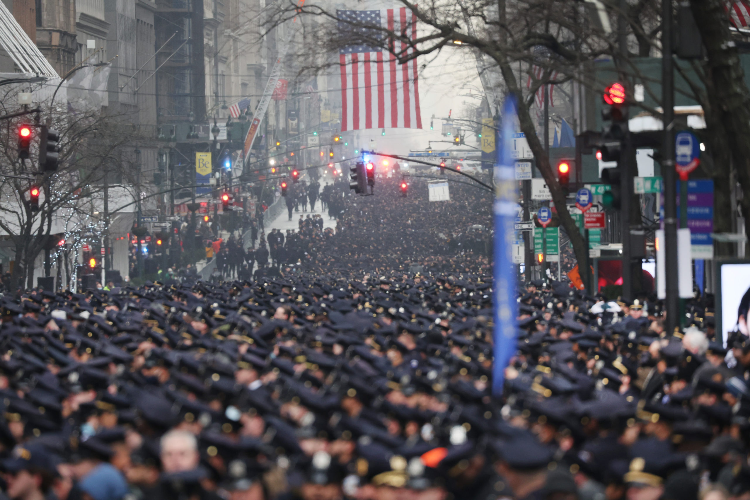 NEW YORK, NEW YORK - JANUARY 28: Thousands of police officers from around the country gather at St. Patrick's Cathedral to attend the funeral for fallen NYPD Officer Jason Rivera on January 28, 2022 in New York City. The 22-year-old NYPD officer was shot and killed on January 21 in Harlem while responding to a domestic disturbance call. Rivera's partner, Officer Wilbert Mora, also died from injuries suffered in the shooting. (Photo by Spencer Platt/Getty Images)
