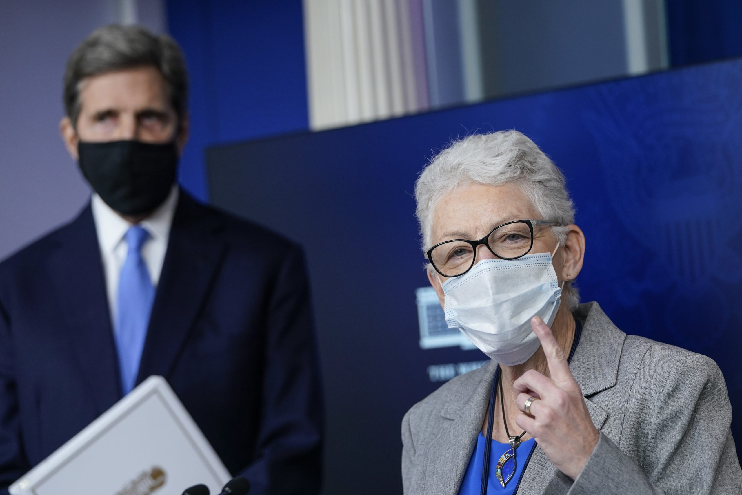 National Climate Advisor Gina McCarthy and Special Presidential Envoy for Climate John Kerry answer questions during a press briefing at the White House on Jan. 27, 2021. (Drew Angerer/Getty Images)