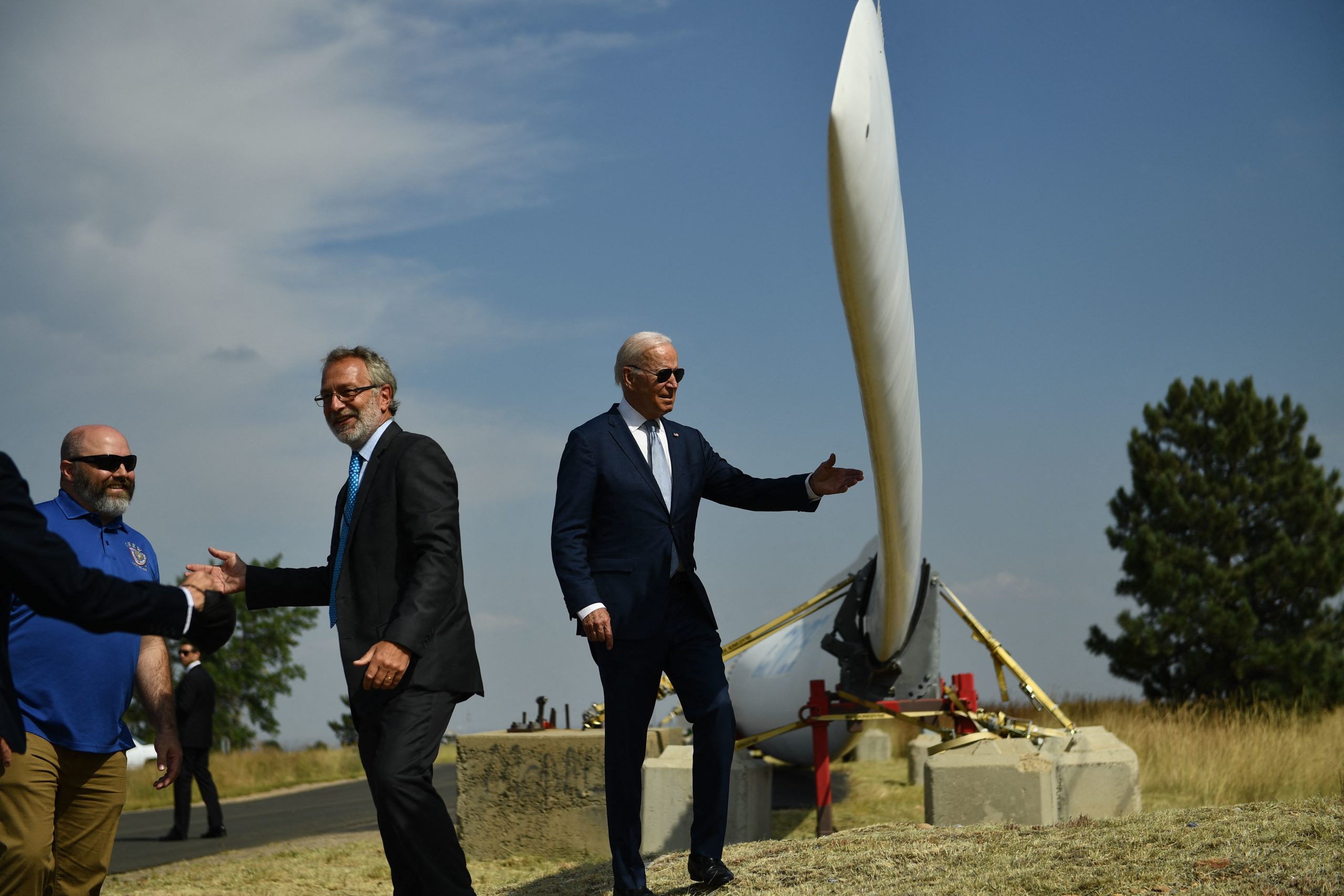 President Joe Biden looks at a wind turbine blade as he tours the National Renewable Energy Laboratory in Arvada, Colorado, on Sept. 14. (Brendan Smialowski/AFP via Getty Images)