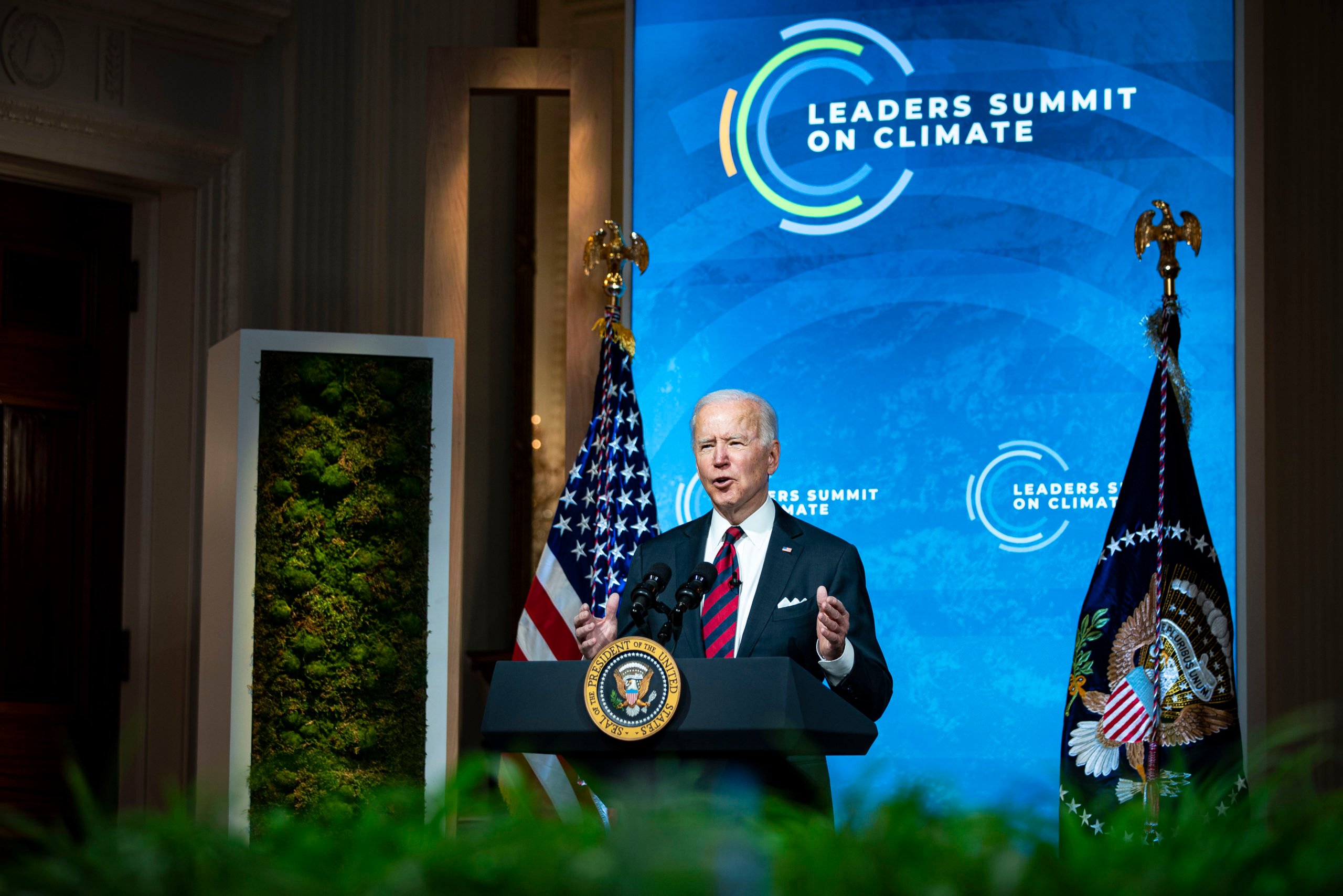 President Joe Biden delivers remarks during the virtual Leaders Summit on Climate with 40 world leaders at the at the White House on April 22. (Al Drago/Pool/Getty Images)