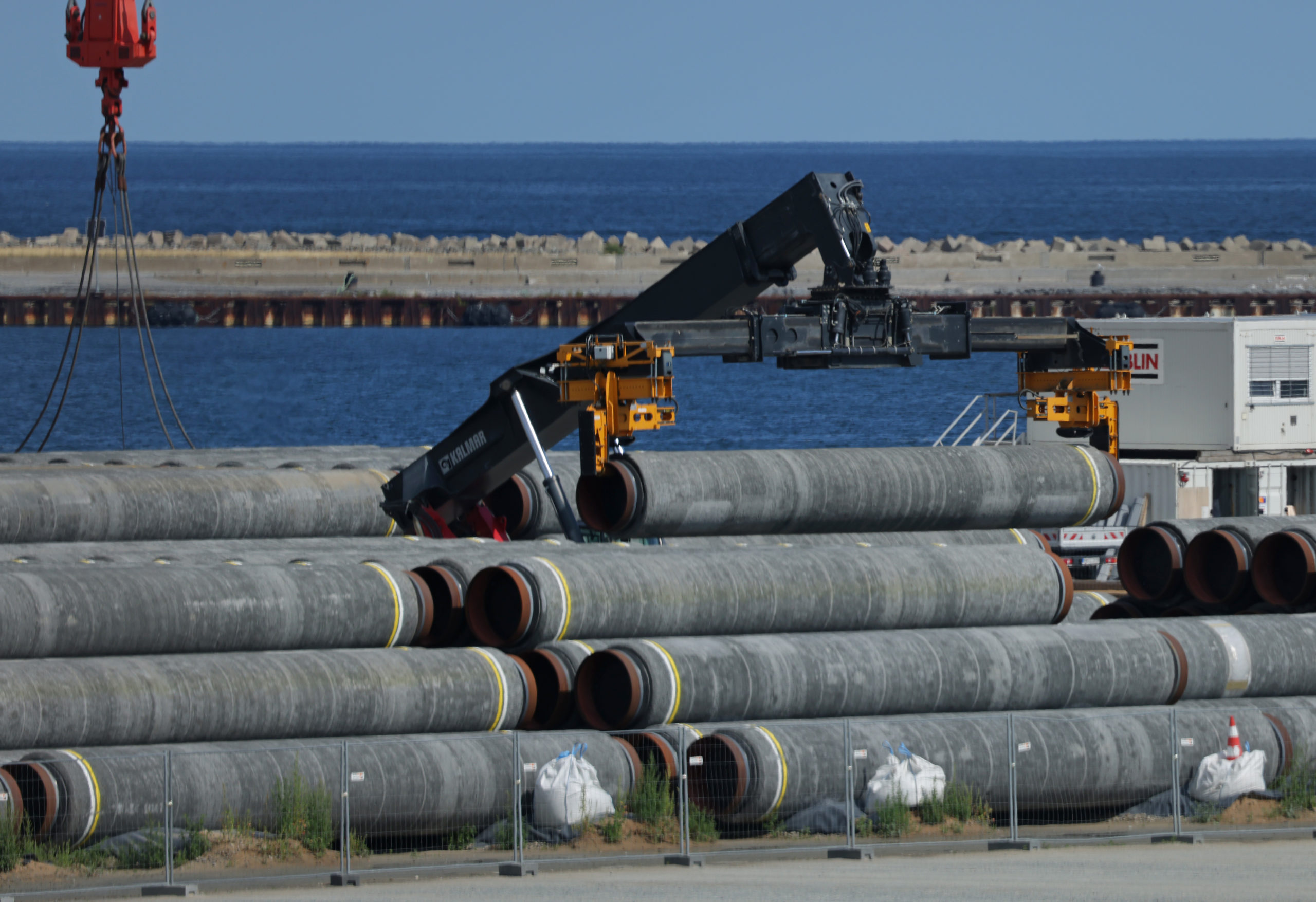 Sections of pipe for the Nord Stream 2 gas pipeline lie stacked on Aug. 4 in Sassnitz, Germany. (Sean Gallup/Getty Images)