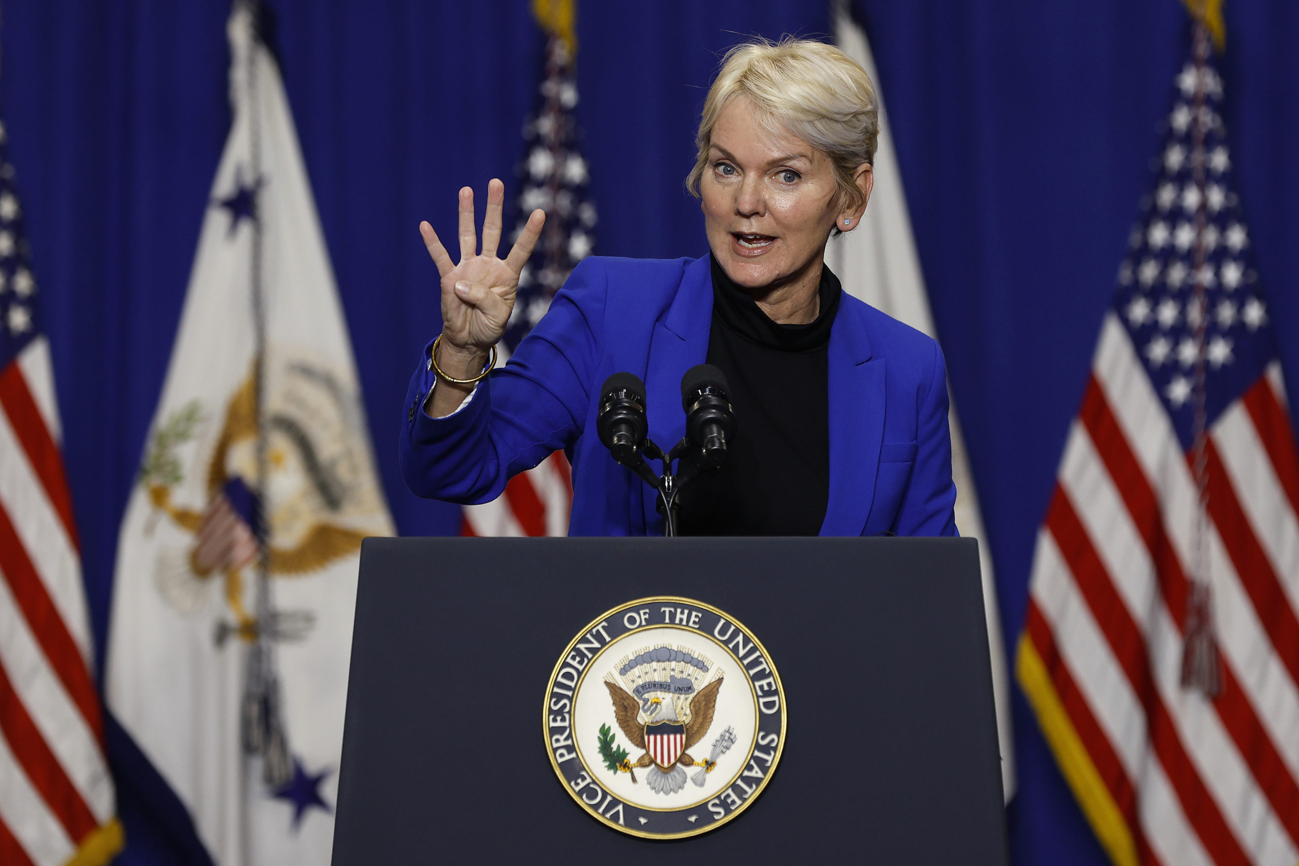 Energy Secretary Jennifer Granholm delivers remarks during an event at the Prince George’s County Brandywine Maintenance Facility on Dec. 13 in Brandywine, Maryland. (Chip Somodevilla/Getty Images)