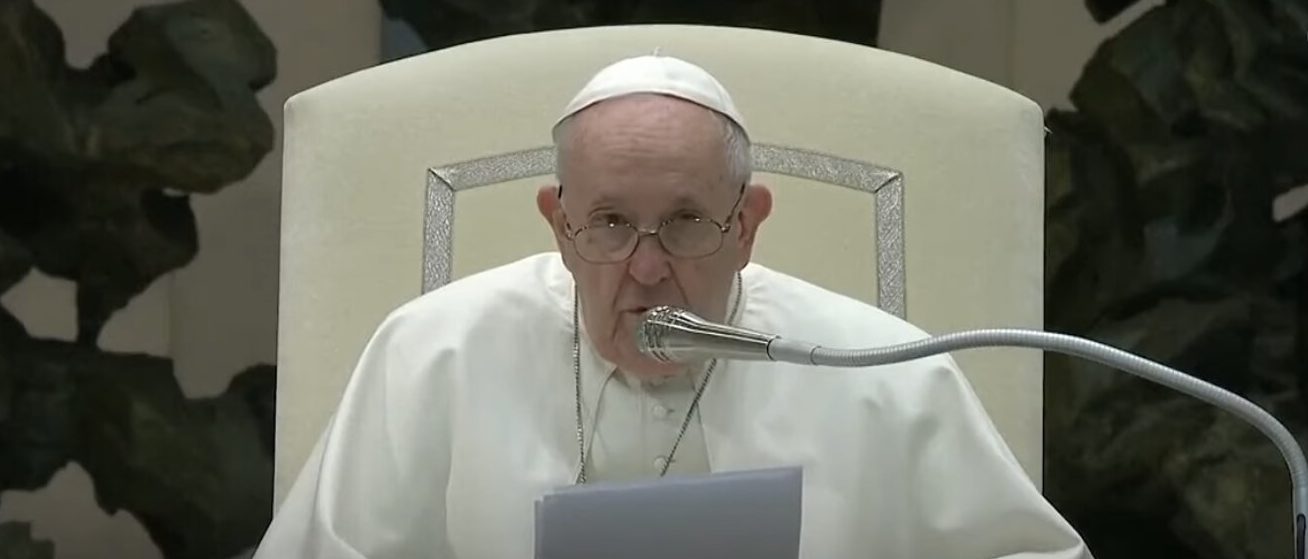 Pope Francis at weekly Wednesday audience in honor of St. Joseph. [Screenshot/YouTube/Bloomberg Quicktake: Now]