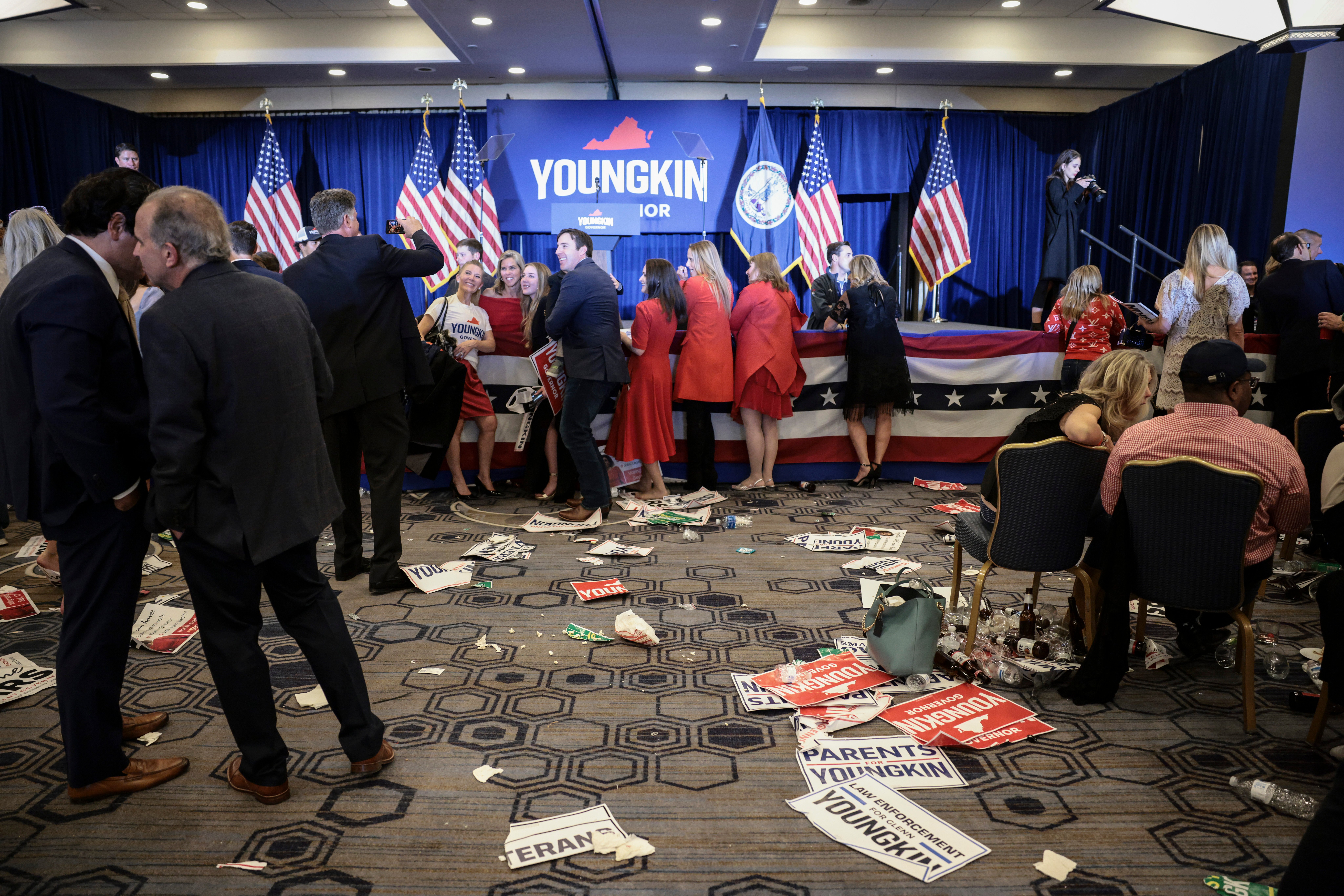 Attendees wait to take a photo with Virginia Republican gubernatorial candidate Glenn Youngkin at Youngkin's election night rally at the Westfields Marriott Washington Dulles on November 02, 2021 in Chantilly, Virginia. (Photo by Anna Moneymaker/Getty Images)