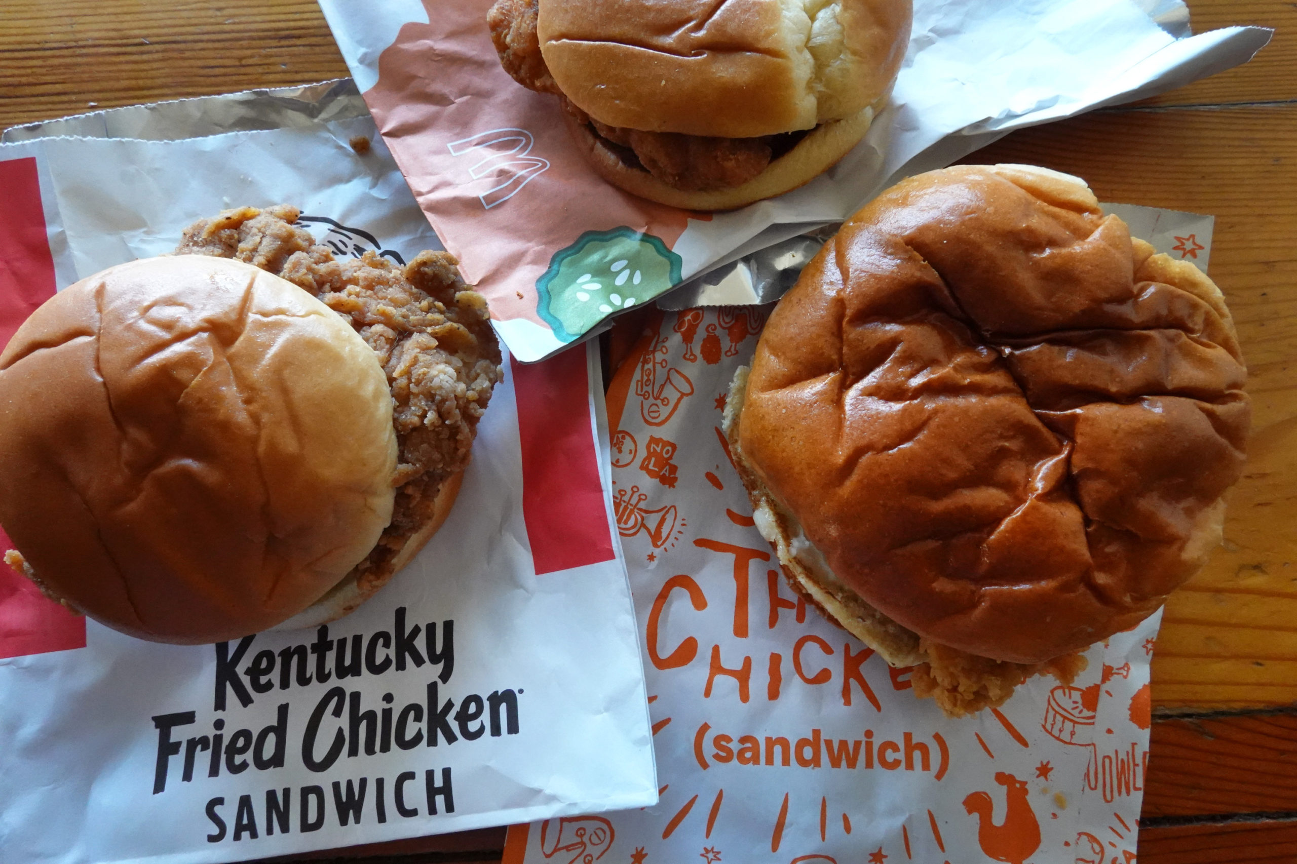 Fast-food chicken sandwiches from McDonald's, Popeyes Louisiana Kitchen and KFC are shown on May 06, 2021 in Chicago, Illinois. (Photo Illustration by Scott Olson/Getty Images)