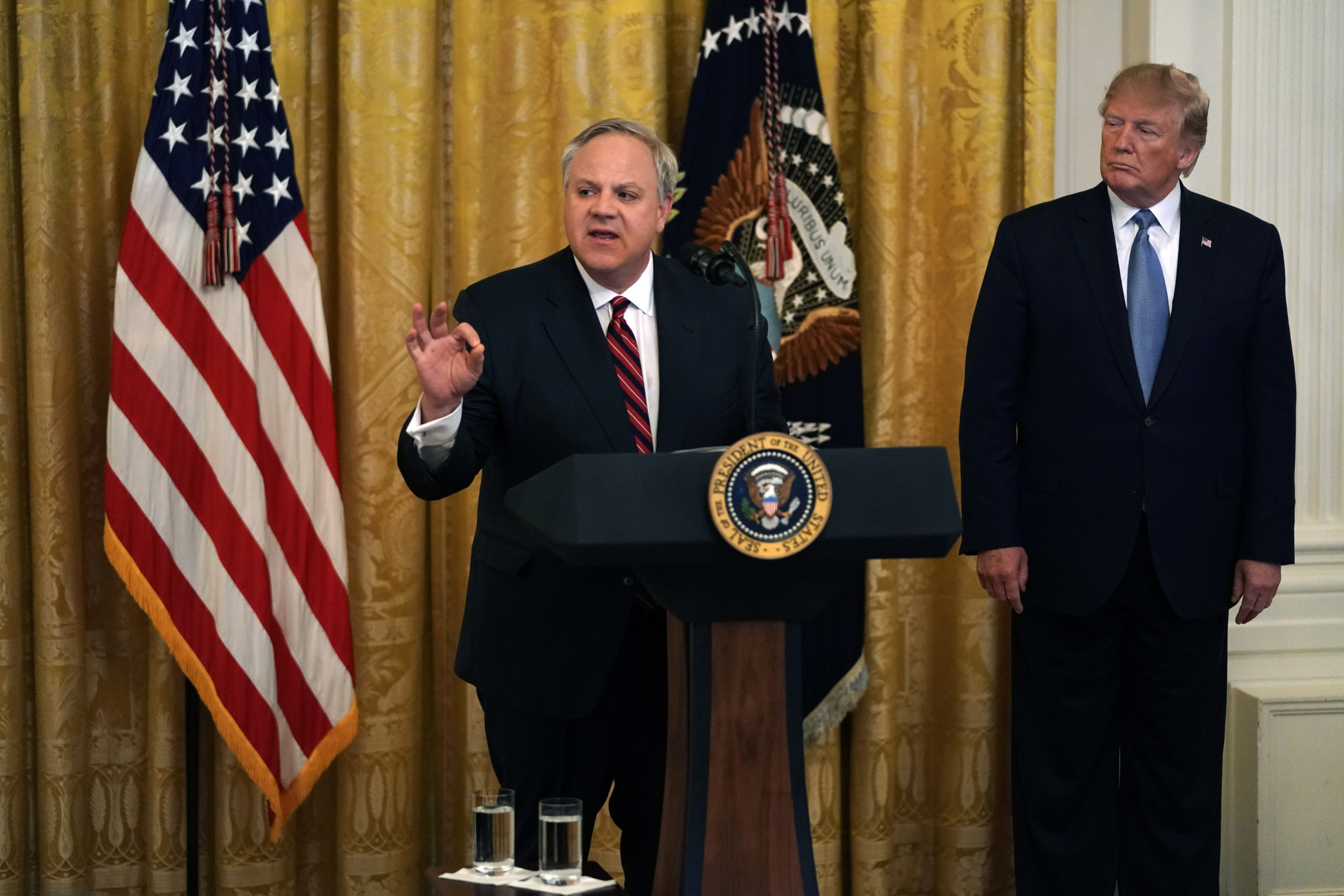 Former Secretary of Interior David Bernhardt speaks as former President Donald Trump looks on during an event on July 7, 2019. (Alex Wong/Getty Images)