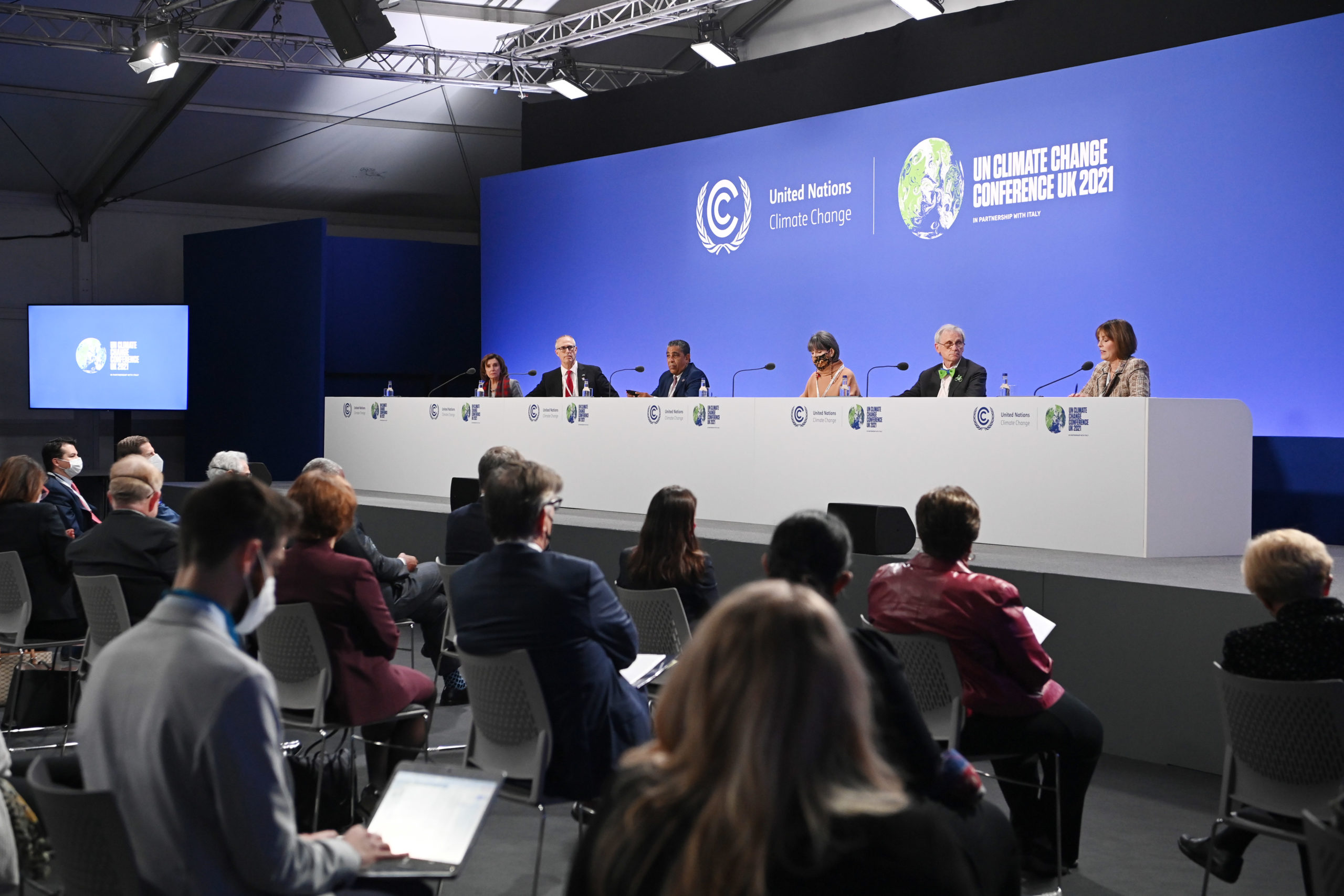 Speaker of the House Nancy Pelosi attends a press conference alongside fellow Democrats during COP26 on Nov. 10 in Glasgow, Scotland. (Jeff J. Mitchell/Getty Images)