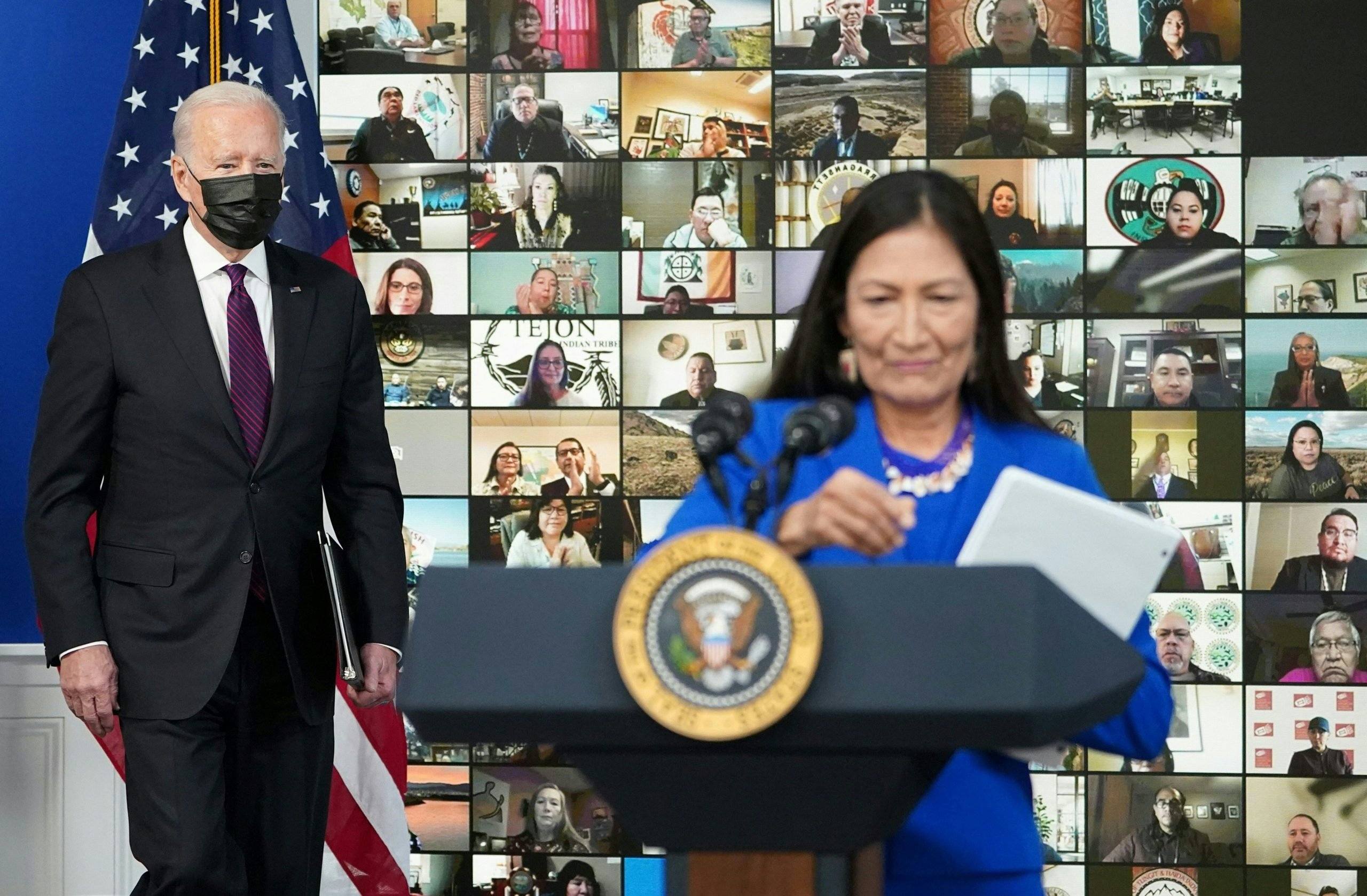 Interior Secretary Deb Haaland introduces President Joe Biden during a Tribal Nations Summit at the White House on Nov. 15. (Mandel Ngan/AFP via Getty Images)
