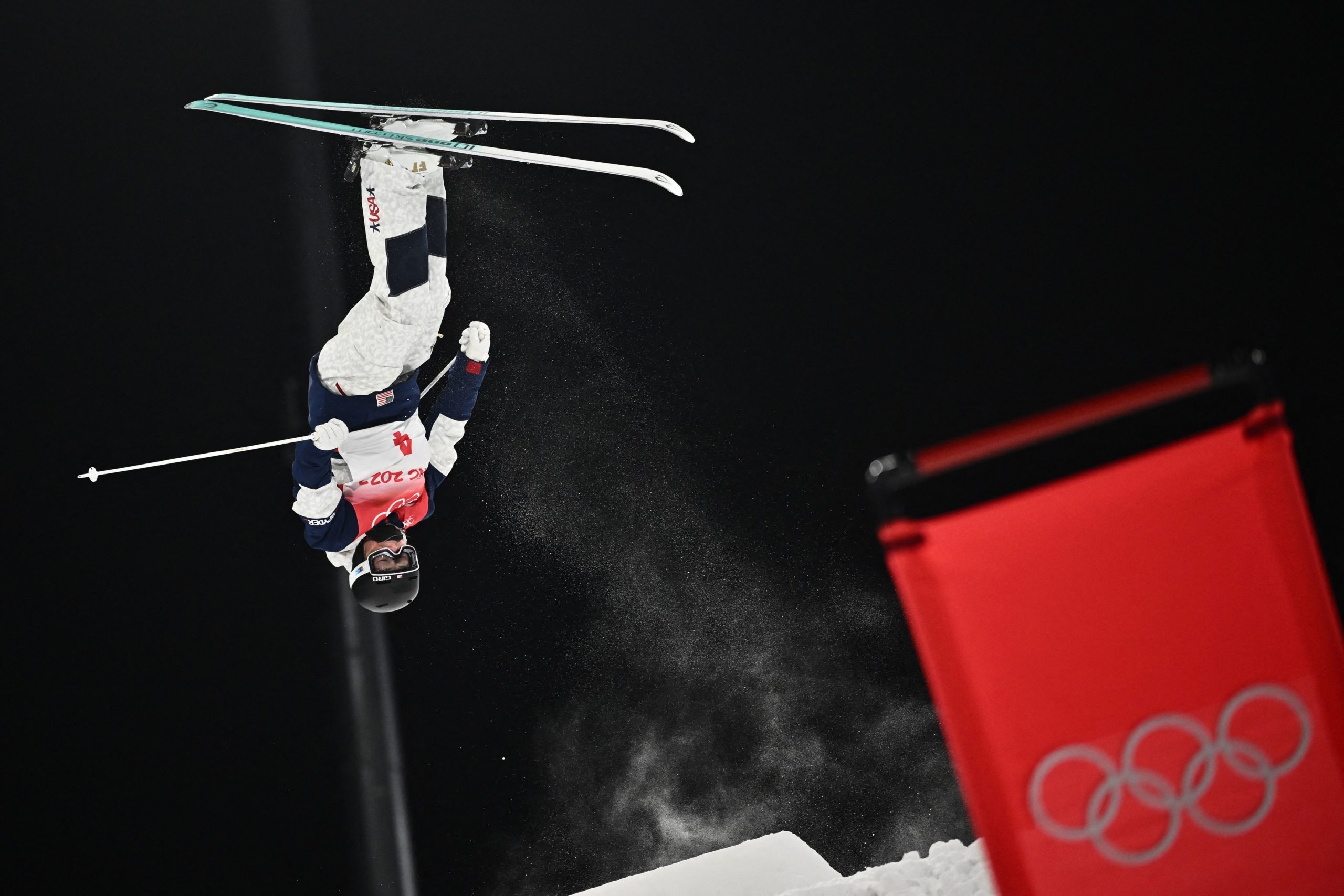 An athlete fromt the USA takes part in a Women's freestyle skiing moguls practice session at Genting Snow Park in Zhangjiakou on February 1, 2022, ahead of the Beijing 2022 Winter Olympic Games. (Photo by Marco BERTORELLO / AFP) (Photo by MARCO BERTORELLO/AFP via Getty Images)