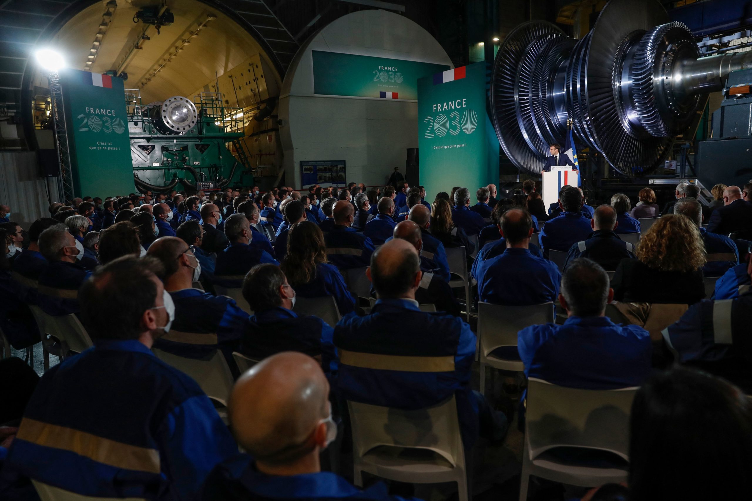 French President Emmanuel Macron delivers a speech at a production site for a nuclear turbine system in Belfort, France, on Thursday. (Jean-Francois Badias/Pool/AFP via Getty Images)