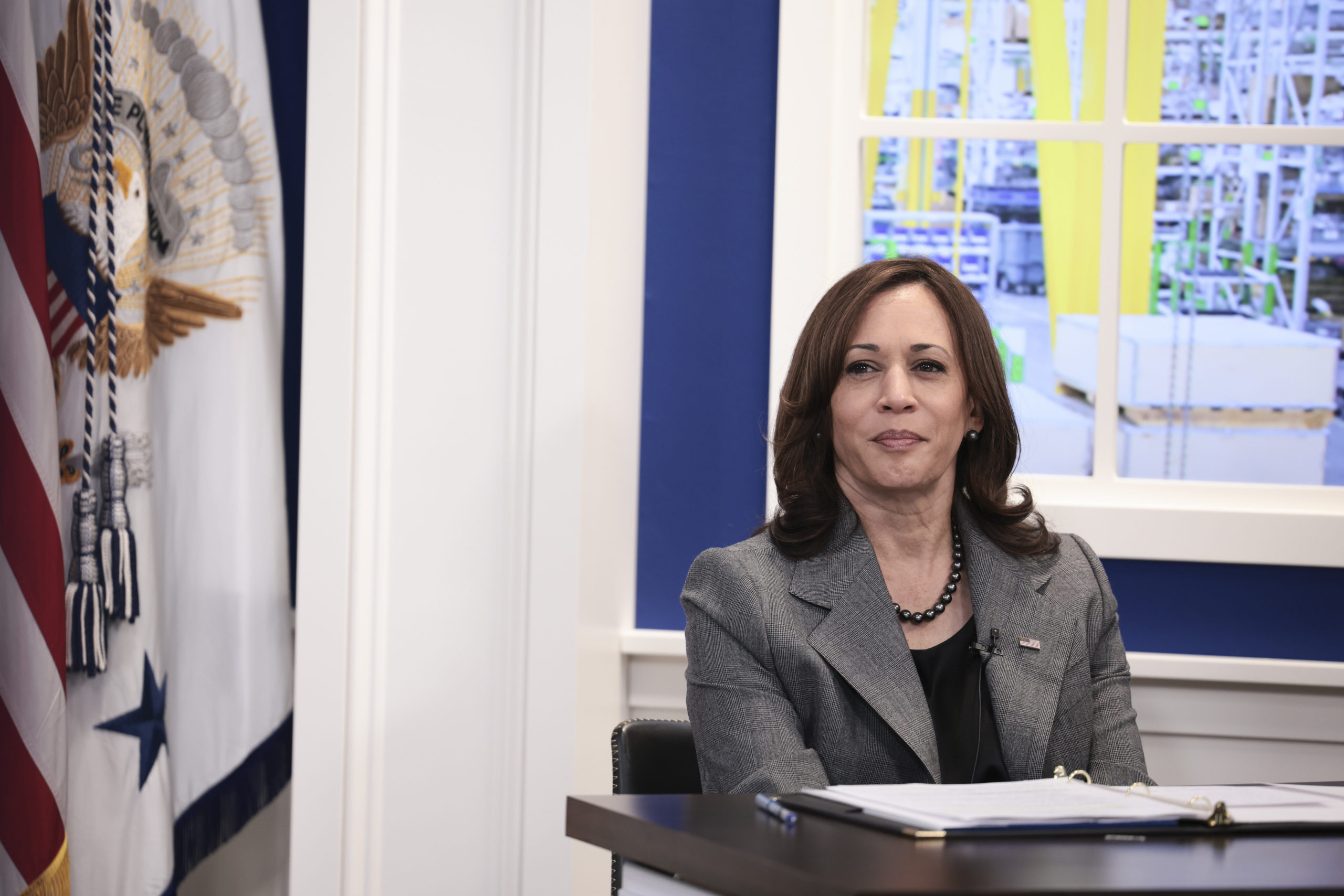 WASHINGTON, DC - OCTOBER 20: U.S. Vice President Kamala Harris listens during a roundtable with Labor Secretary Marty Walsh, Director of U.S. Office of Personnel Management Kiran Ahuja and federal workers, appearing virtually, in the South Court Auditorium in the Eisenhower Executive Office Building on October 20, 2021 in Washington, DC. The roundtable was held for participants to discuss labor unions representing employees who work for the federal government. (Photo by Anna Moneymaker/Getty Images)