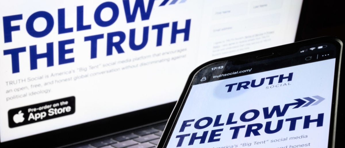 LONDON, ENGLAND - JANUARY 04: In this photo illustration, the holding screen for the "Truth Social" platform and app is seen on January 04, 2022 in London, England. The former US President announced his intention to create a new social media platform after he was banned from Facebook and Twitter last year. (Photo illustration by Leon Neal/Getty Images)