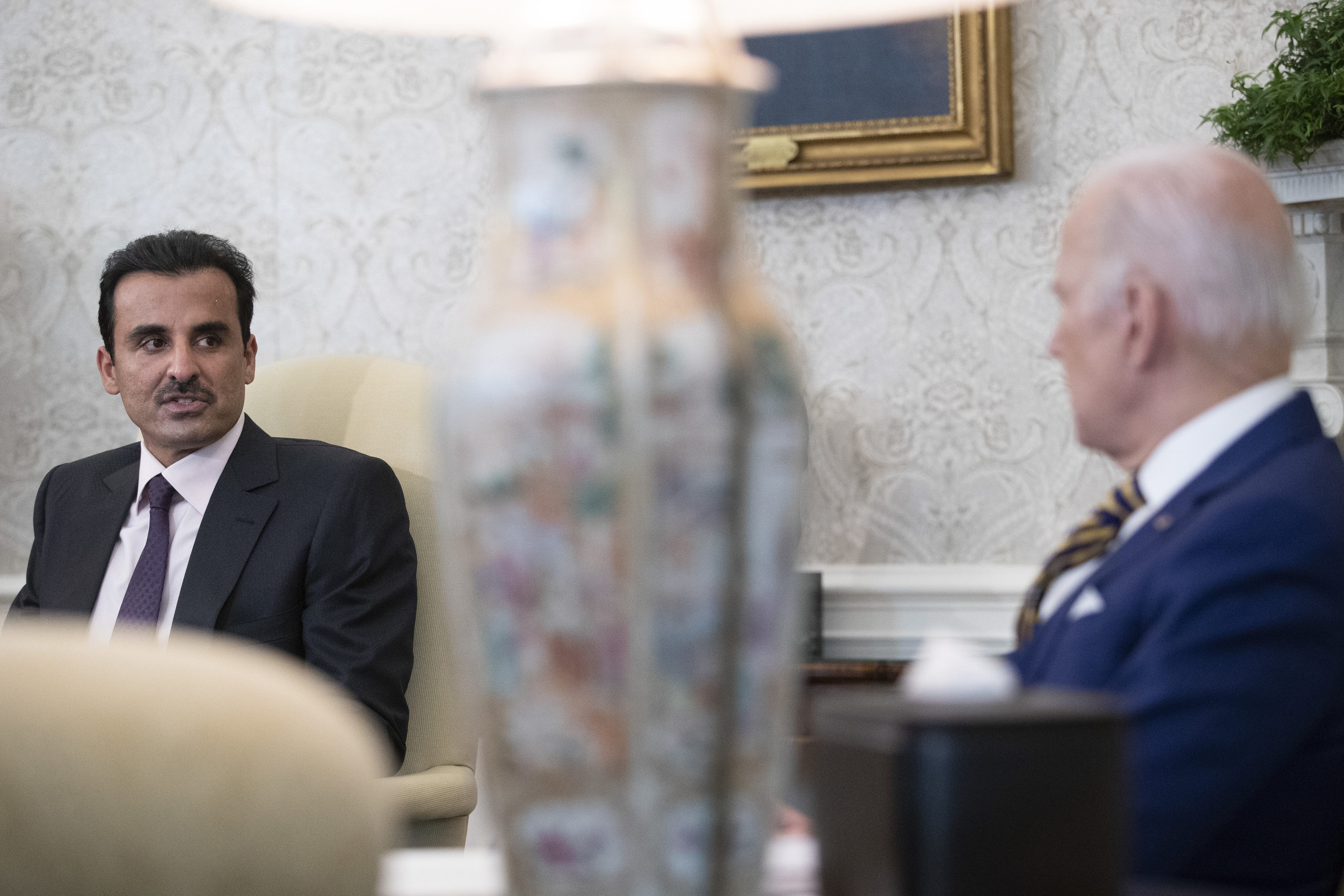WASHINGTON, DC - JANUARY 31: U.S. President Joe Biden meets with Sheikh Tamim Bin Hamad Al-Thani, Amir of the State of Qatar, in the Oval Office at the White House on January 31, 2022 in Washington, DC. The two leaders were expected to discuss a range of issues, including global energy security as concerns about Russian natural gas supplies continue. (Photo by Tom Brenner-Pool/New York Times/Getty Images)