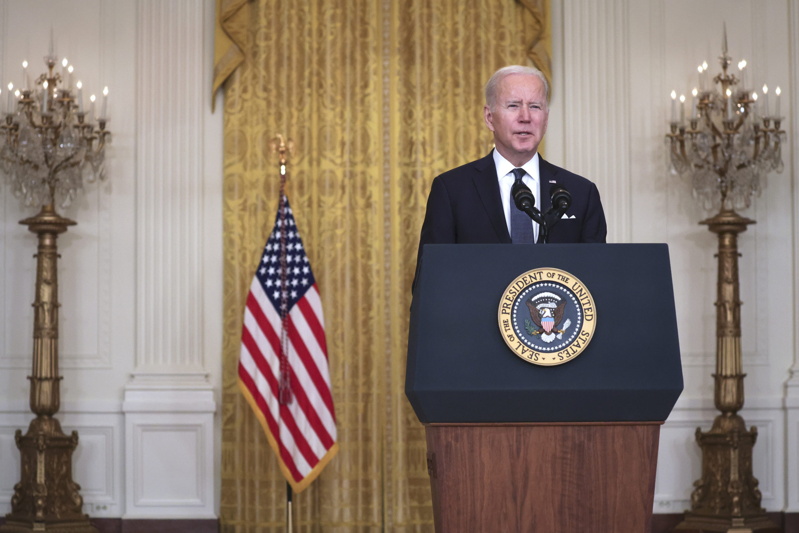 WASHINGTON, DC - FEBRUARY 15: U.S. President Joe Biden delivers remarks on Russia and Ukraine in the East Room of the White House on February 15, 2022 in Washington, DC. President Biden said the United States remains open to high-level diplomacy in close coordination with allies, building on the multiple diplomatic off-ramps the U.S., its allies and partners have offered Russia in recent months. (Photo by Alex Wong/Getty Images)