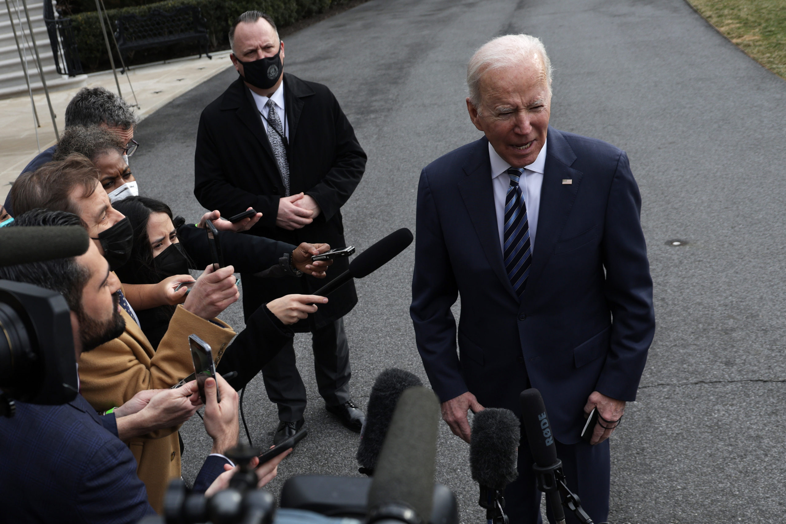 WASHINGTON, DC - FEBRUARY 17: U.S. President Joe Biden speaks to members of the press prior to a departure for Cleveland, Ohio from the White House on February 17, 2022 in Washington, DC. President Biden predicted the likelihood of a Russian invasion to Ukraine is high and “in a matter of days.” (Photo by Alex Wong/Getty Images)